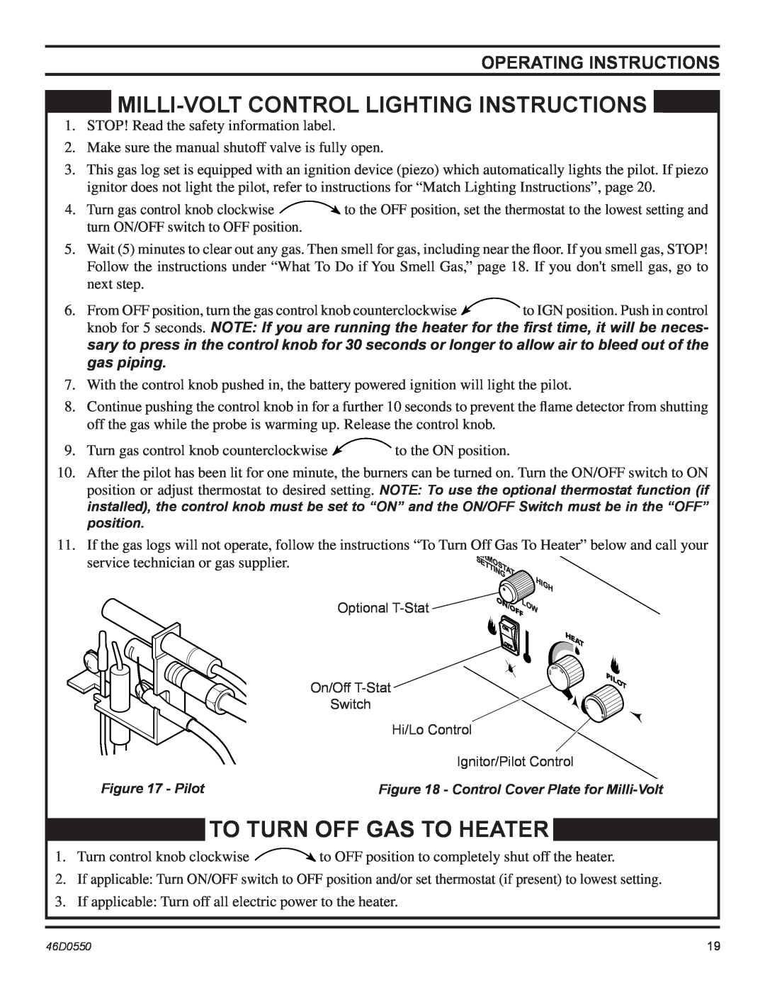 Monessen Hearth DSSPVMB Milli-Voltcontrol Lighting Instructions, To Turn Off Gas To Heater, Operating Instructions 