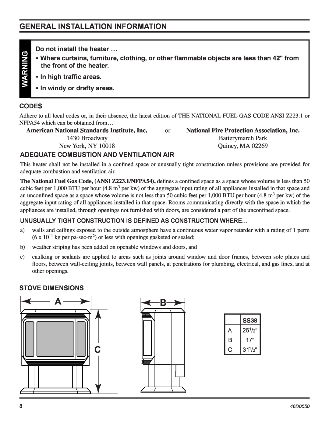 Monessen Hearth DSSNVMB General Installation Information, Do not install the heater …, Codes, Stove Dimensions, SS38 