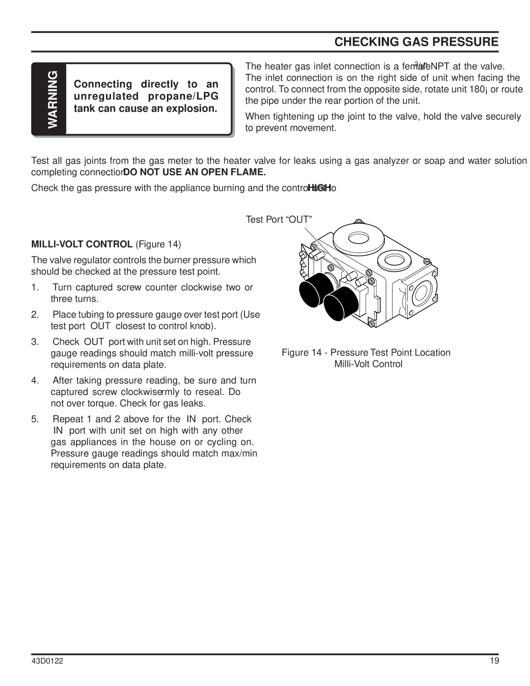 Monessen Hearth dst30 operating instructions Checking GAS Pressure, MILLI-VOLT Control Figure 