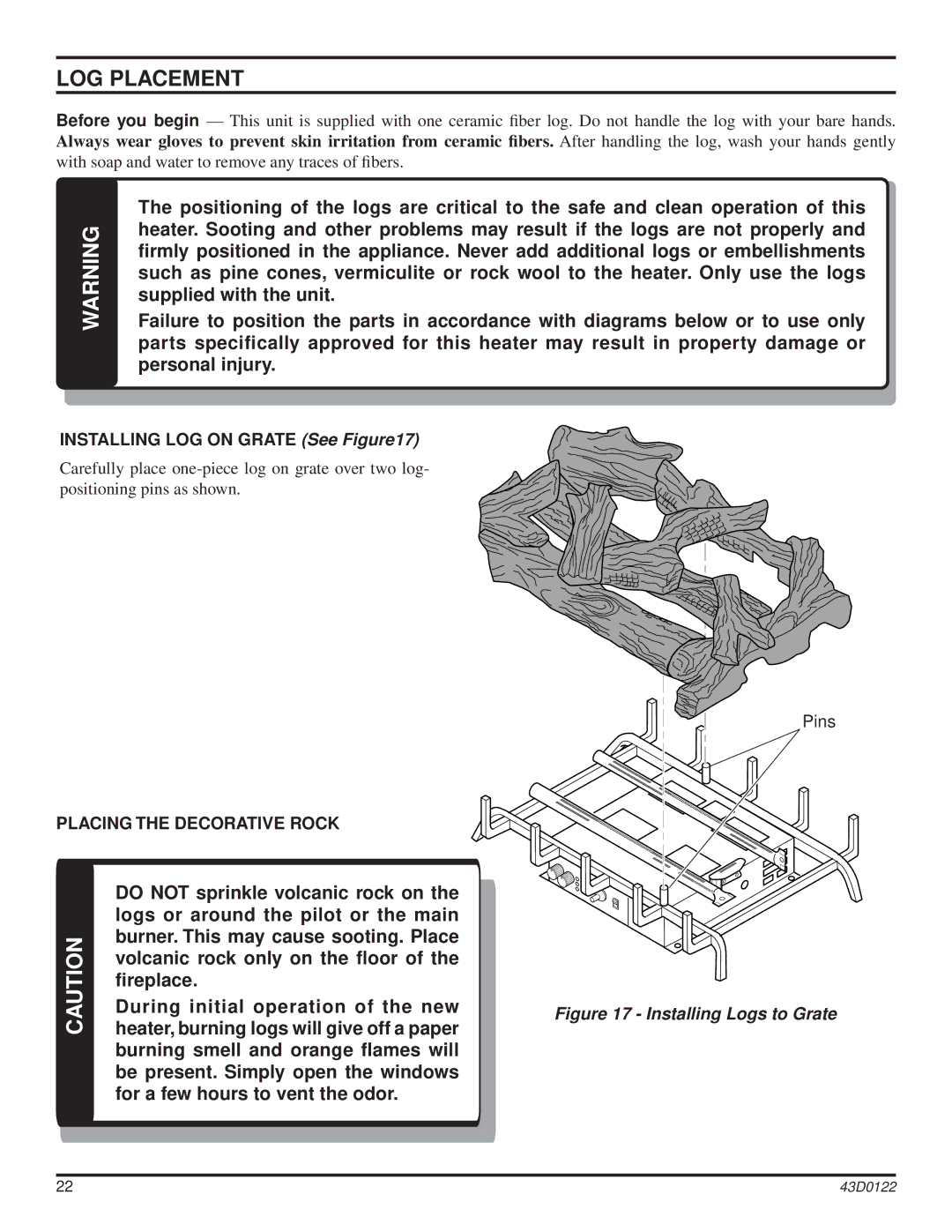 Monessen Hearth dst30 operating instructions LOG Placement, Placing the Decorative Rock 