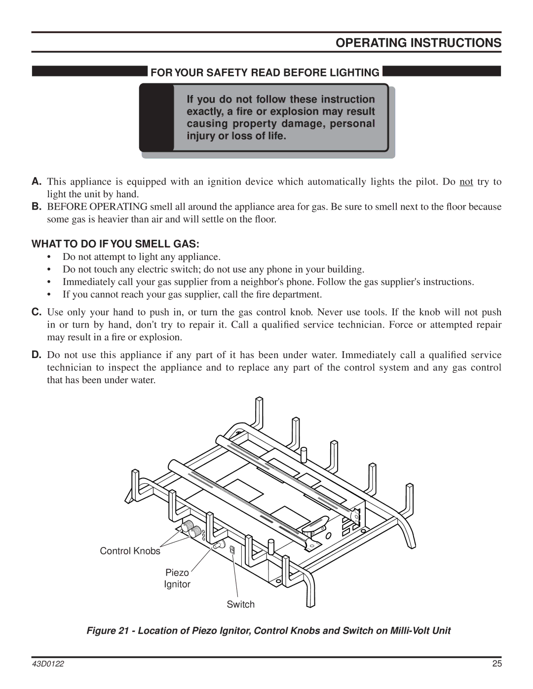 Monessen Hearth dst30 Operating Instructions, For Your Safety Read Before Lighting, What to do if YOU Smell GAS 