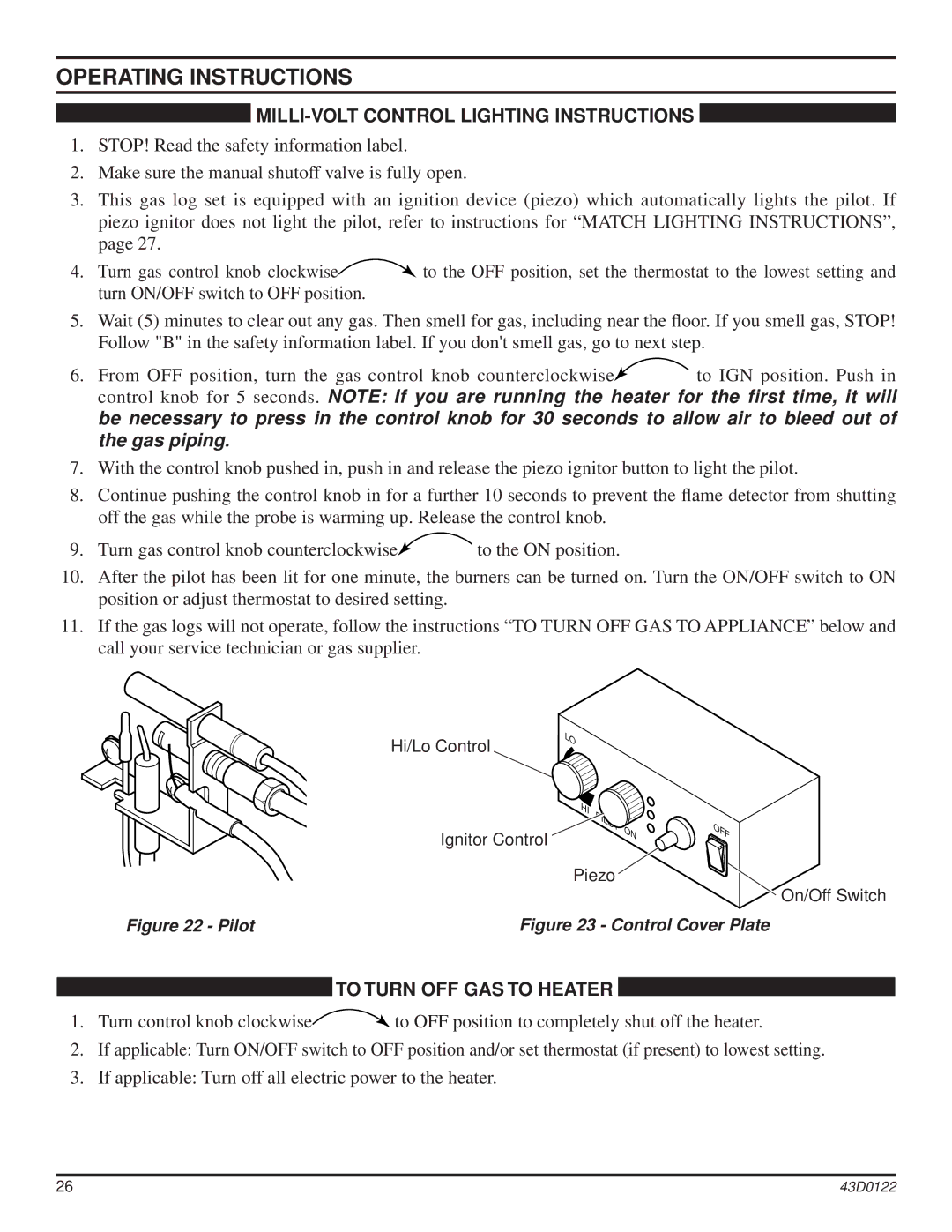 Monessen Hearth dst30 operating instructions MILLI-VOLT Control Lighting Instructions, To Turn OFF GAS to Heater 