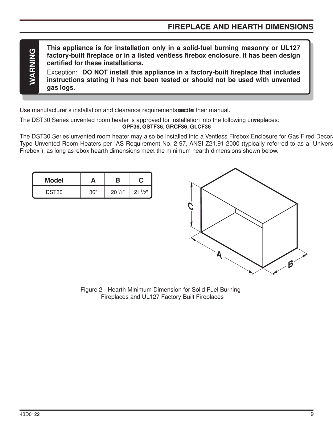 Monessen Hearth dst30 operating instructions Fireplace and Hearth Dimensions 