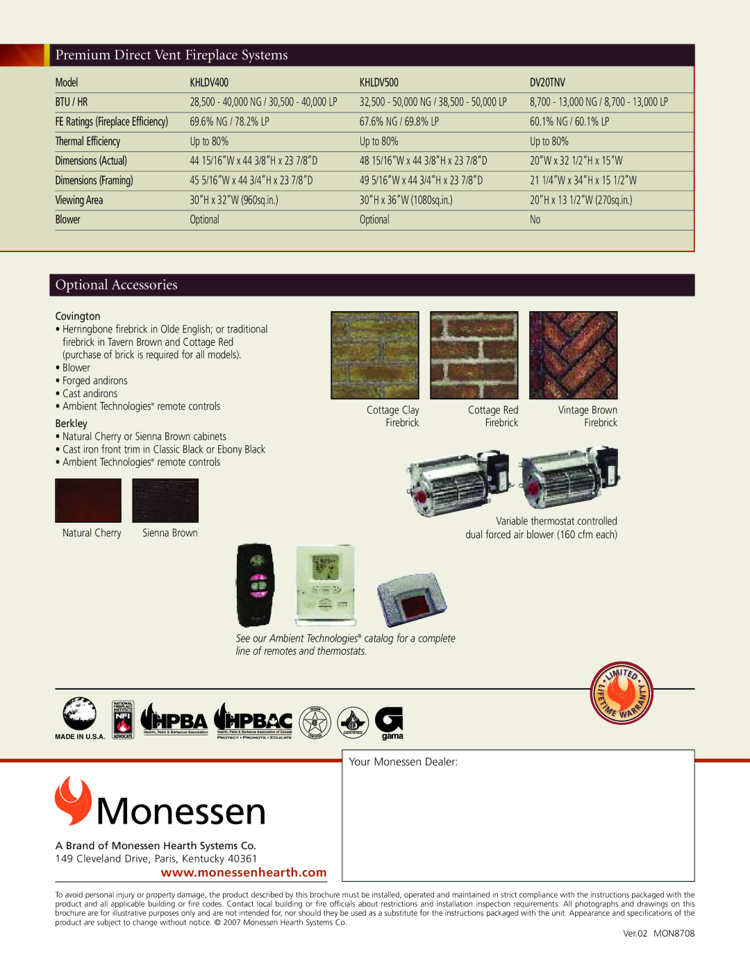 Monessen Hearth DV20TNV manual Monessen 