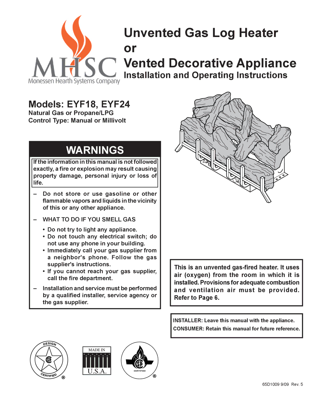 Monessen Hearth EYF18, EYF24 manual Unvented Gas Log Heater or Vented Decorative Appliance 