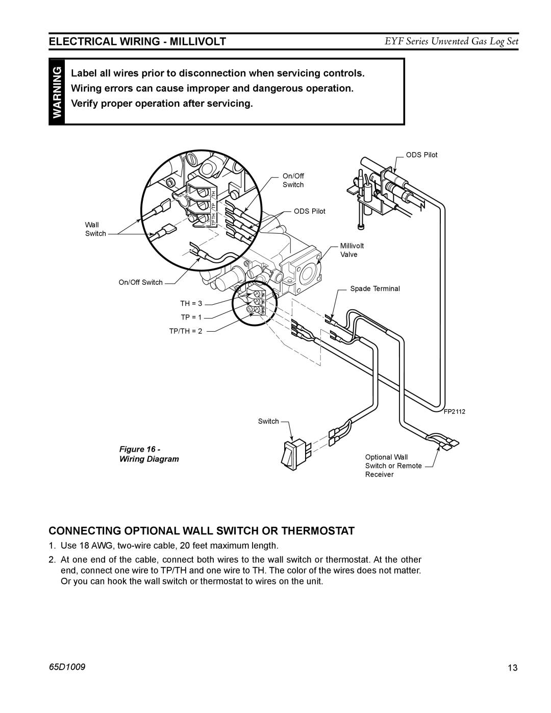 Monessen Hearth EYF18, EYF24 manual Electrical Wiring Millivolt, Connecting Optional Wall Switch or Thermostat 