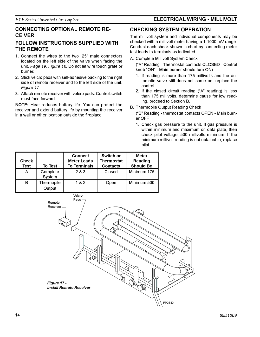 Monessen Hearth EYF24, EYF18 manual Checking System Operation, Connect Switch or, Check Meter Leads Thermostat Reading Test 