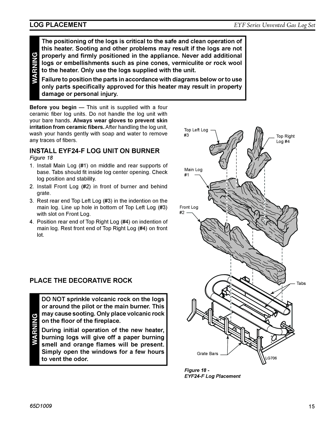 Monessen Hearth EYF18 manual LOG Placement, Install EYF24-F log unit on burner, Place the decorative rock 