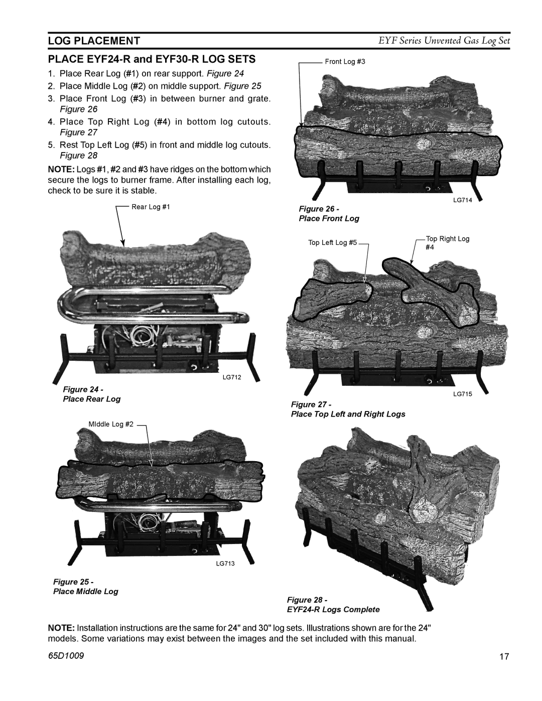 Monessen Hearth EYF18 manual Place EYF24-R and EYF30-R log setS 