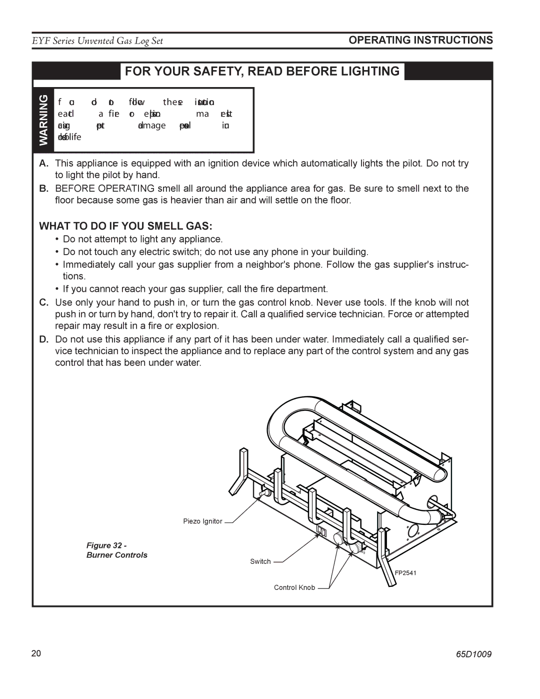 Monessen Hearth EYF24, EYF18 manual For Your SAFETY, Read Before Lighting, What to do if YOU Smell GAS 