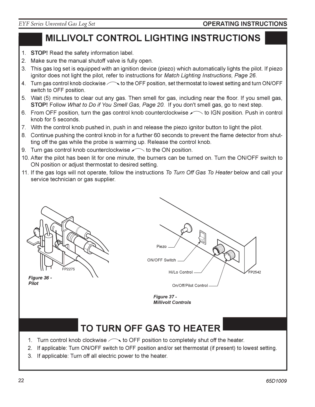 Monessen Hearth EYF24, EYF18 manual To Turn OFF GAS to Heater 