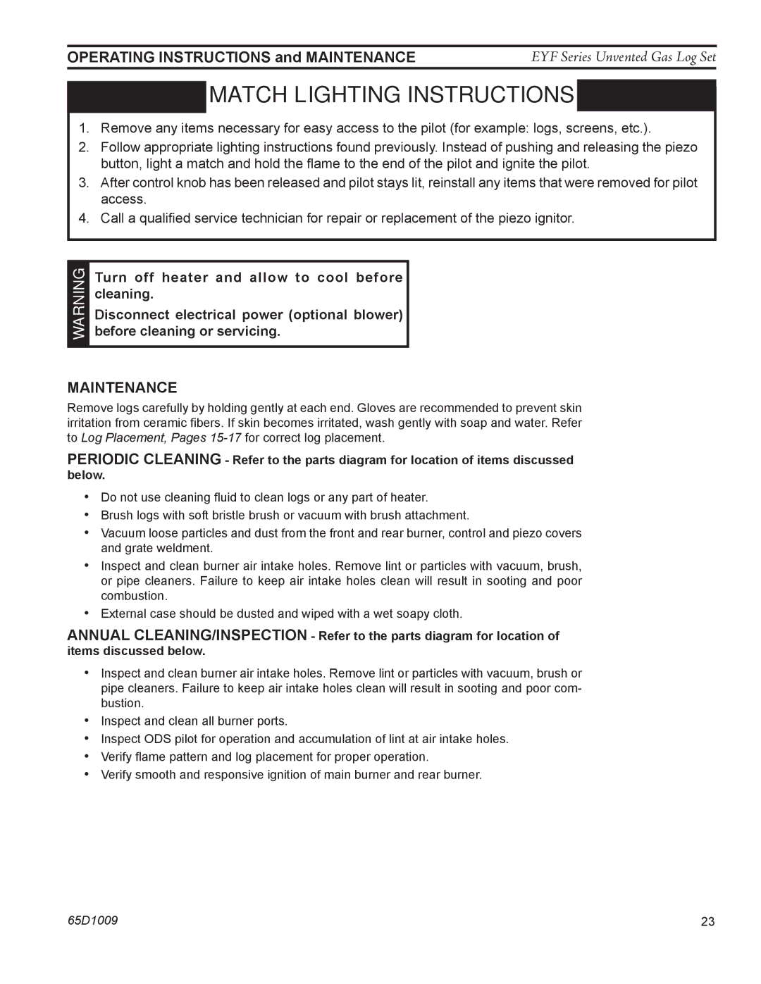 Monessen Hearth EYF18, EYF24 manual Match lighting instructions, Maintenance 