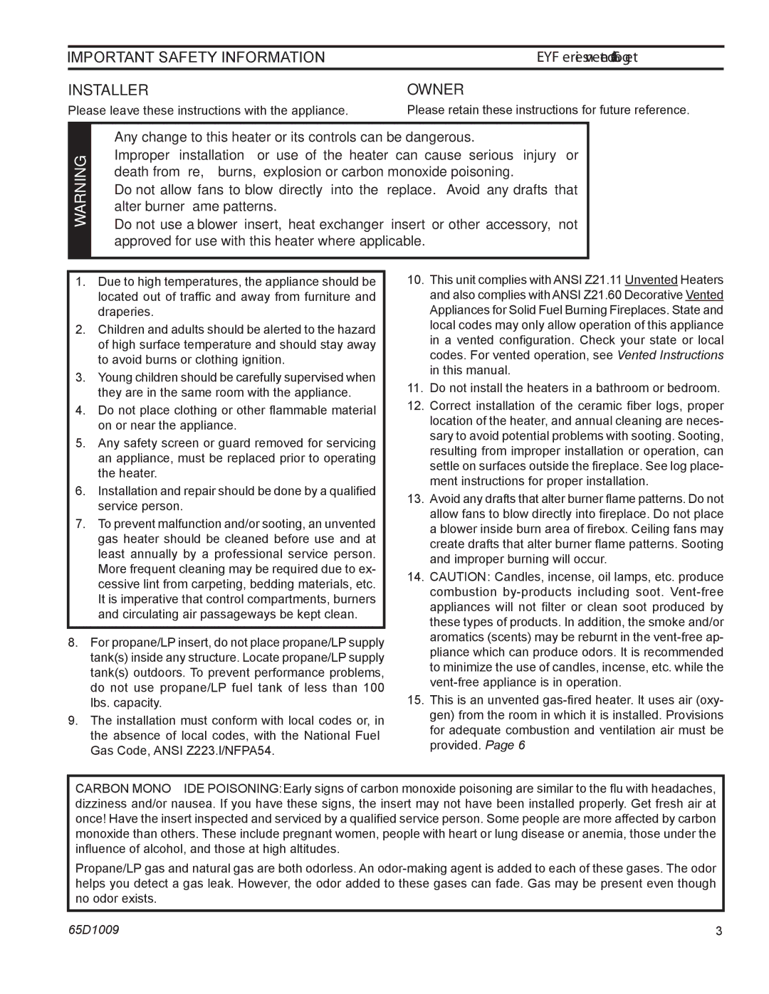 Monessen Hearth EYF18, EYF24 manual Important Safety Information, Gas Code, Ansi Z223.l/NFPA54 