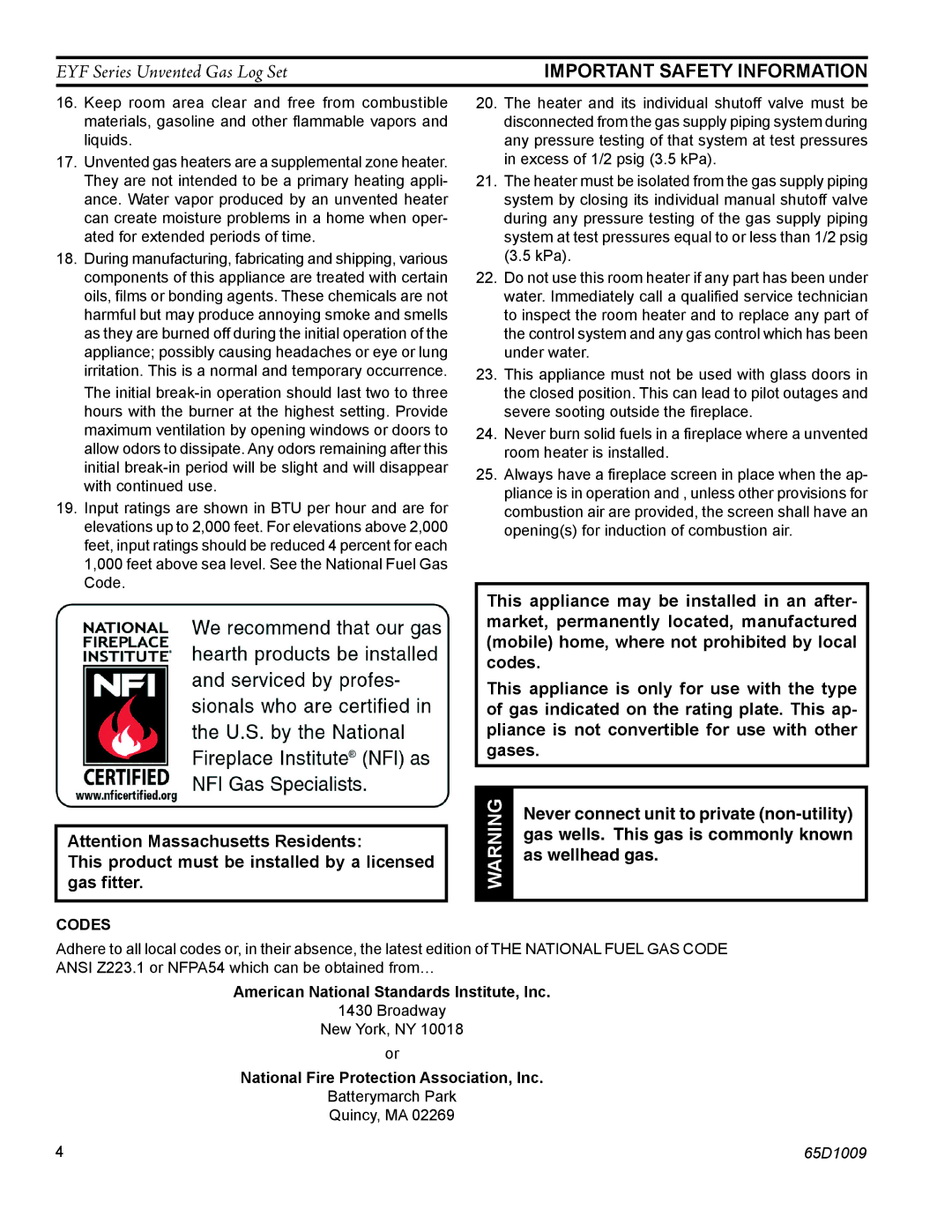 Monessen Hearth EYF24, EYF18 manual American National Standards Institute, Inc, National Fire Protection Association, Inc 