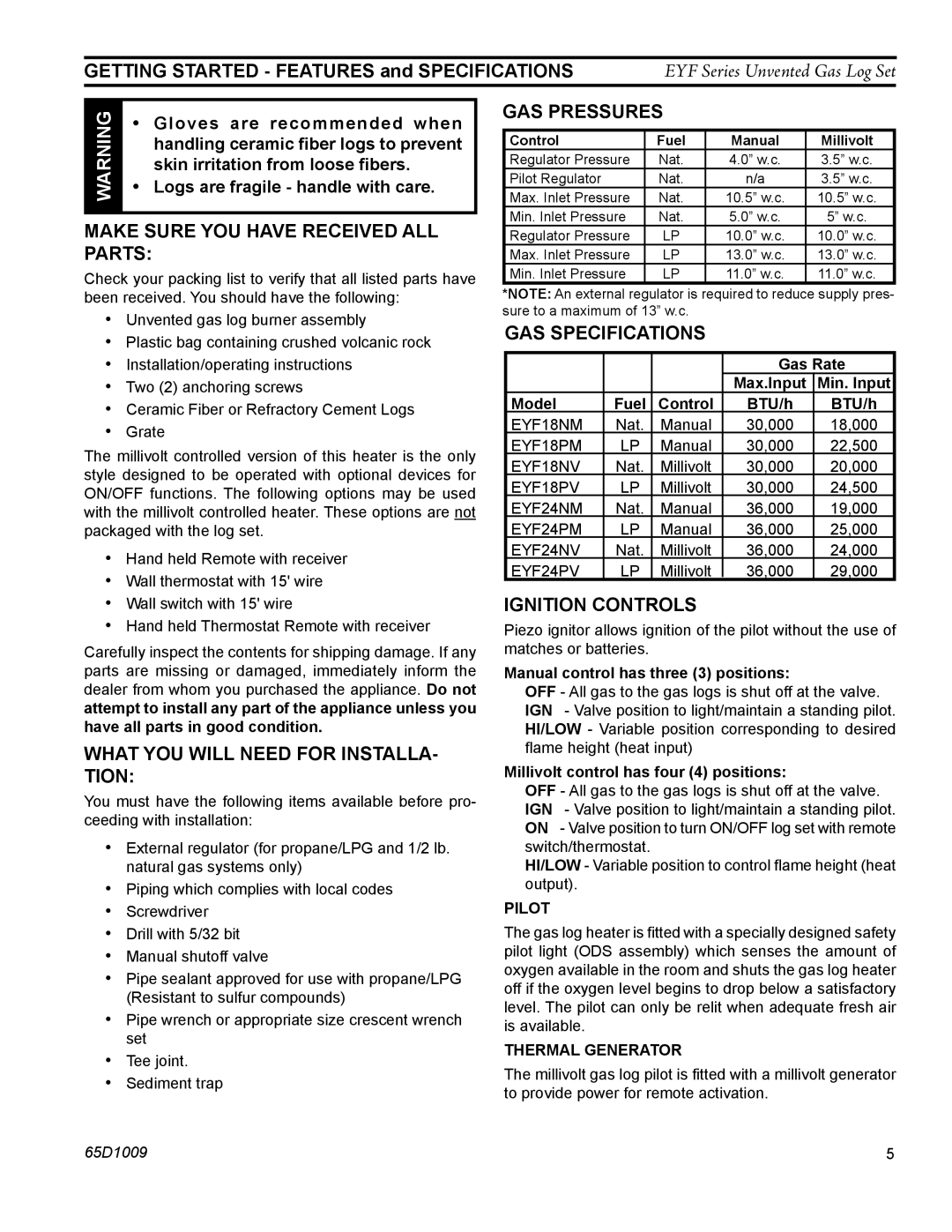 Monessen Hearth EYF18, EYF24 Make sure you have received all parts, What you will need for installa- tion, GAS pressures 