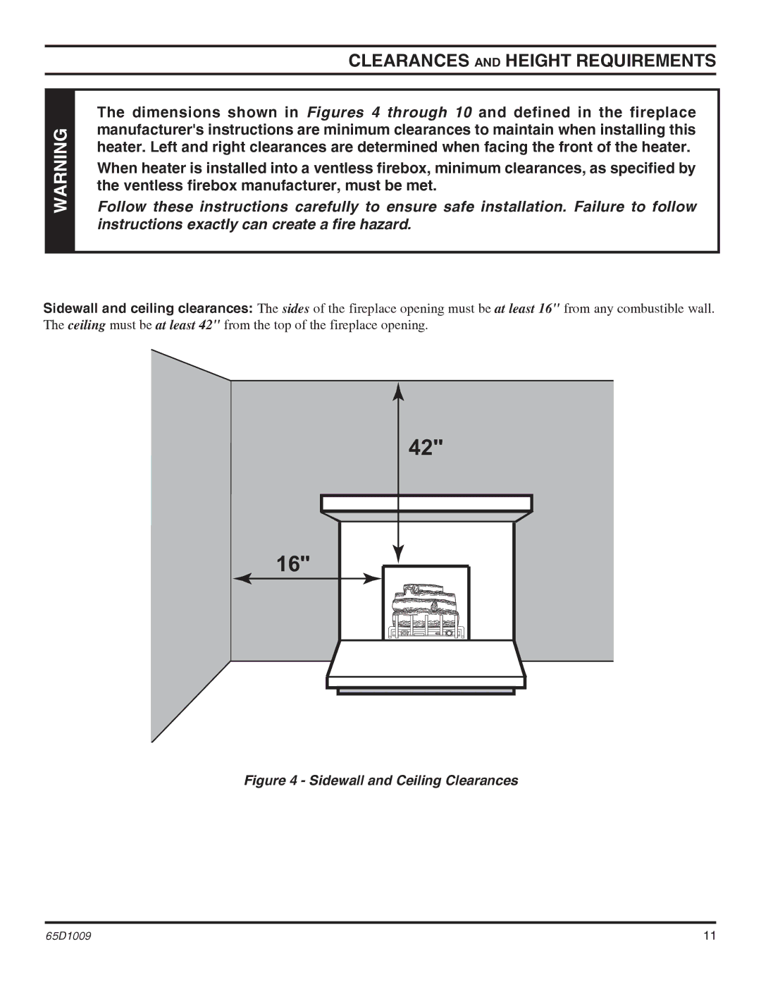 Monessen Hearth EYF18, EYF24 operating instructions Clearances and Height Requirements, Sidewall and Ceiling Clearances 