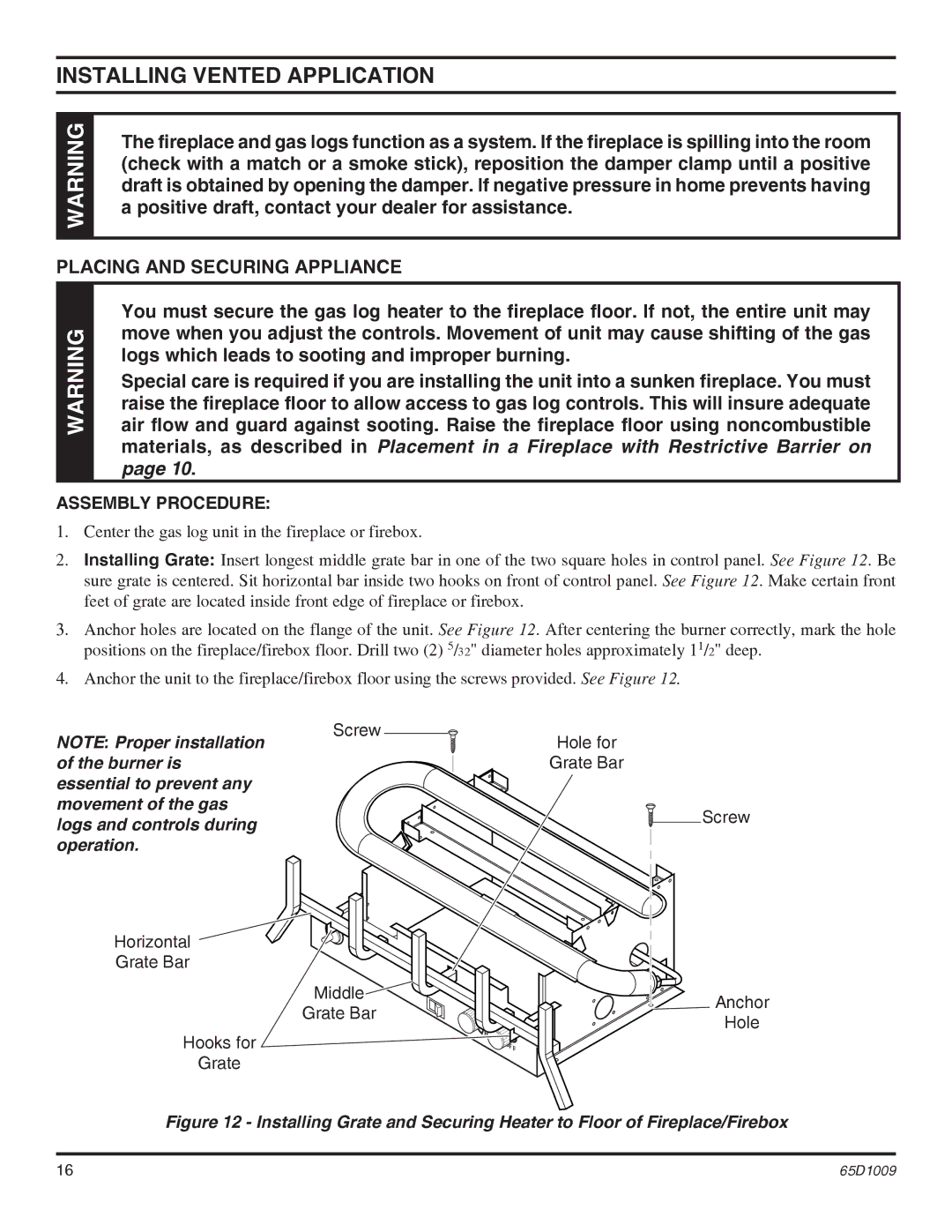 Monessen Hearth EYF24, EYF18 Installing Vented Application, Placing and Securing Appliance, Assembly Procedure 