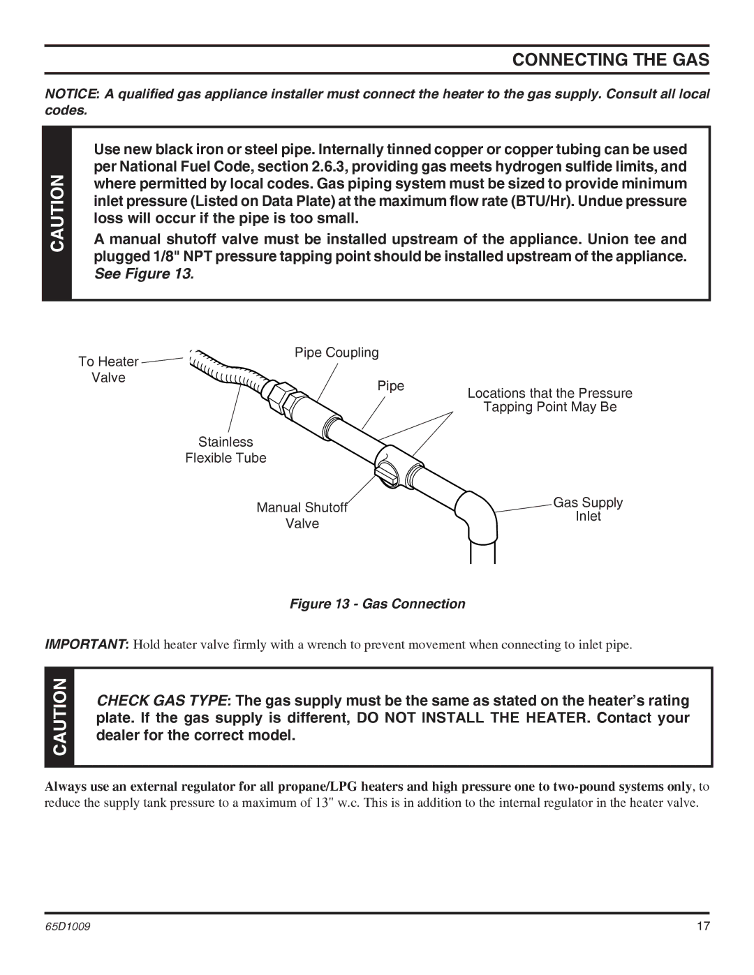 Monessen Hearth EYF18, EYF24 operating instructions Connecting the GAS, Flexible Tube Manual Shutoff Gas Supply Inlet Valve 