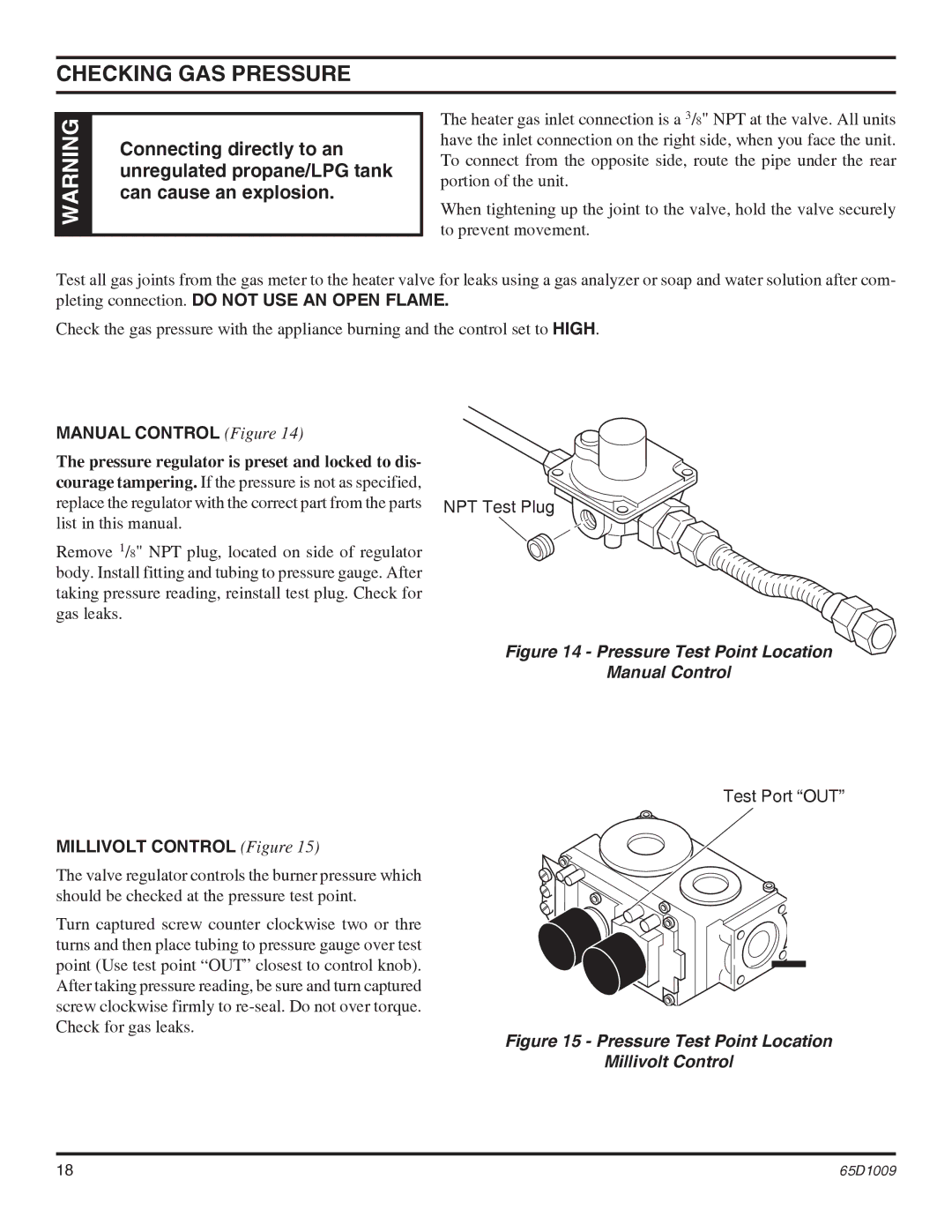 Monessen Hearth EYF24, EYF18 operating instructions Checking GAS Pressure, NPT Test Plug, Test Port OUT 