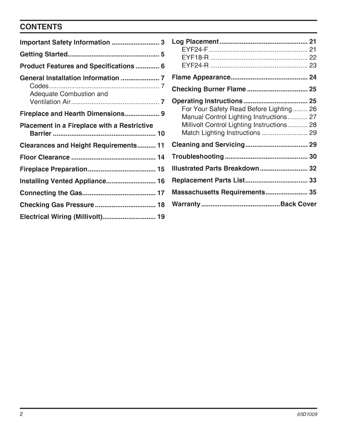 Monessen Hearth EYF24, EYF18 operating instructions Contents 