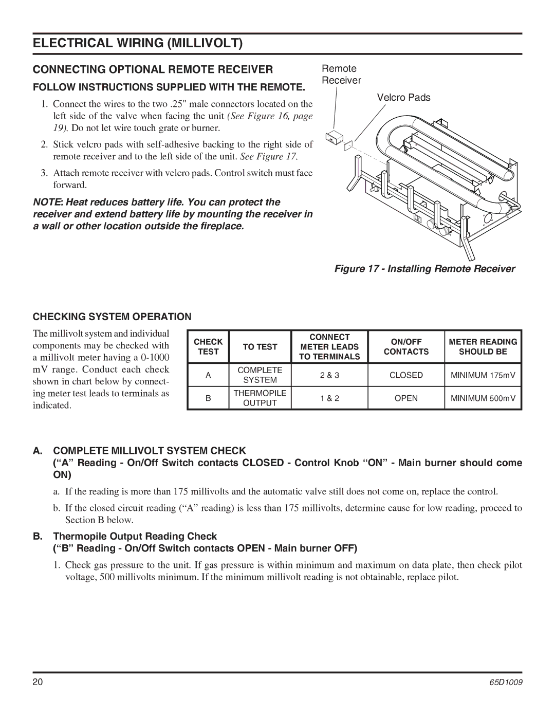 Monessen Hearth EYF24, EYF18 Connecting Optional Remote Receiver, Follow Instructions Supplied with the Remote 