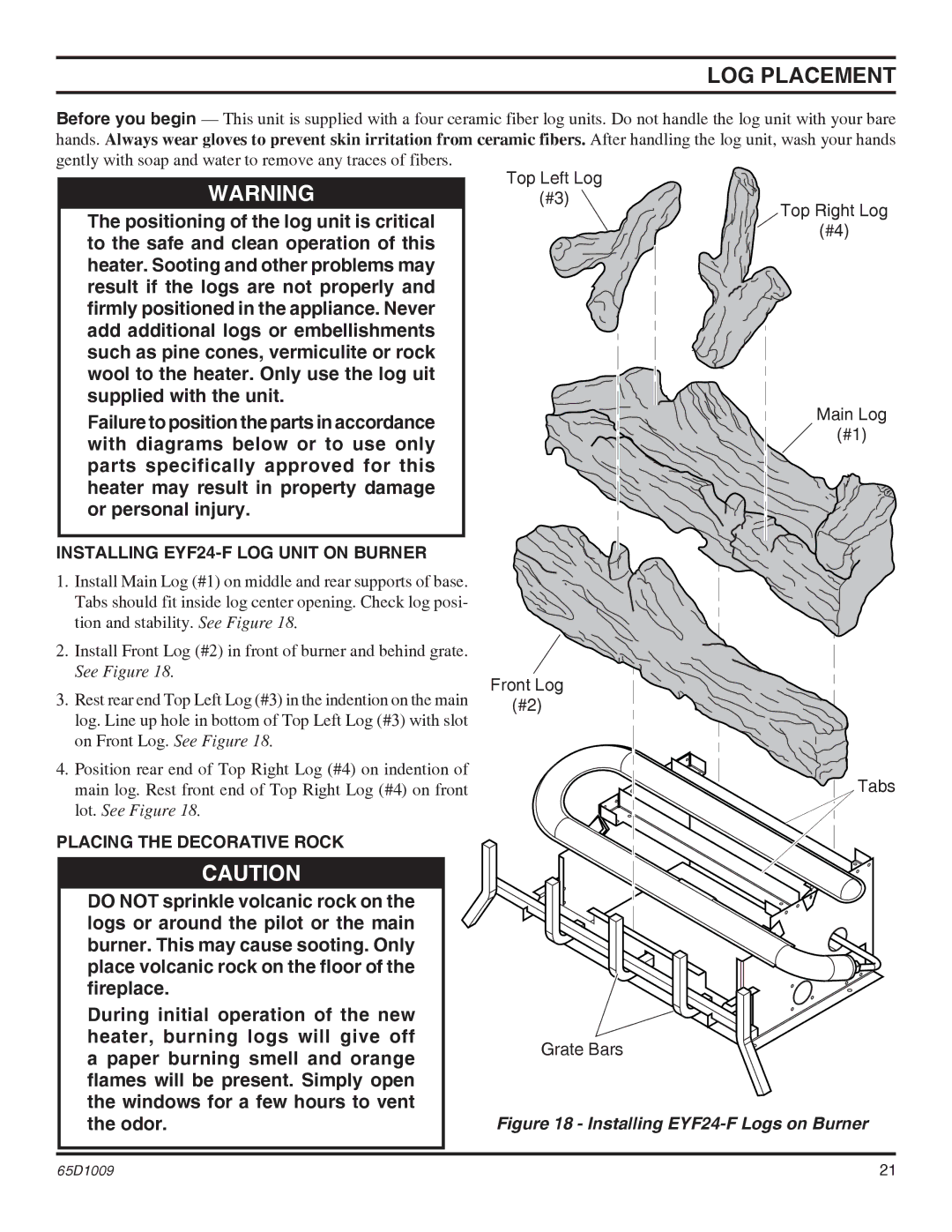 Monessen Hearth EYF18 LOG Placement, Installing EYF24-F LOG Unit on Burner, Placing the Decorative Rock, Grate Bars 