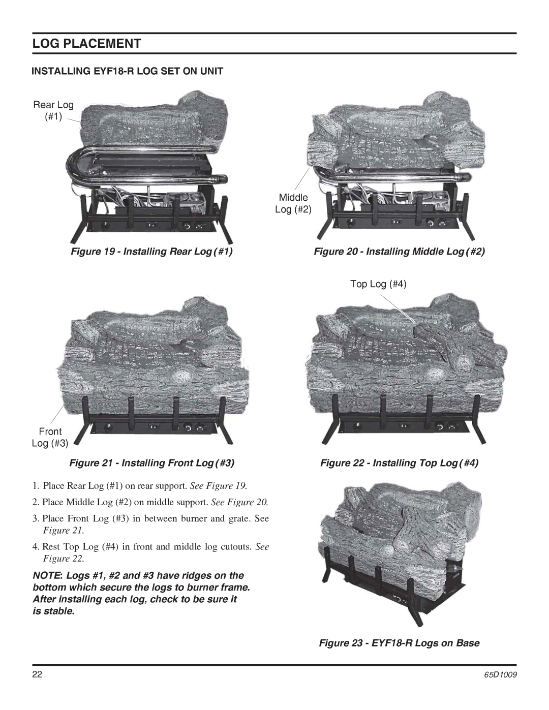 Monessen Hearth EYF24 Installing EYF18-R LOG SET on Unit, Rear Log Middle Log #2, Top Log #4 Front Log #3 