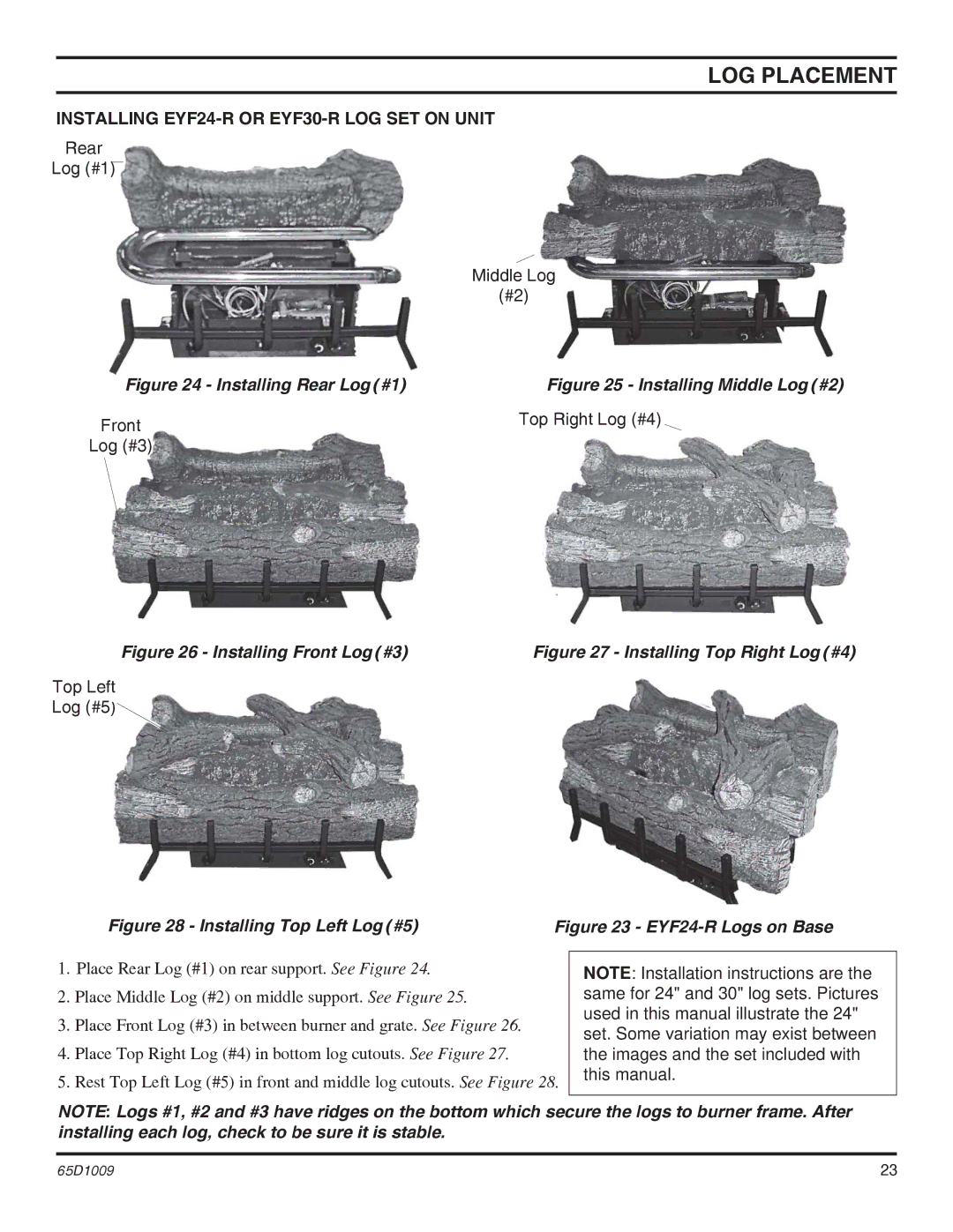 Monessen Hearth EYF18 Installing EYF24-R or EYF30-R LOG SET on Unit, Rear Log #1 Middle Log, Front Top Right Log #4 Log #3 