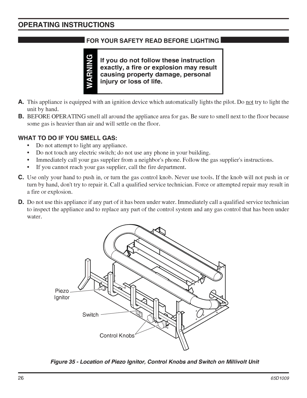 Monessen Hearth EYF24 Operating Instructions, For Your Safety Read Before Lighting, Piezo Ignitor Switch, Control Knobs 