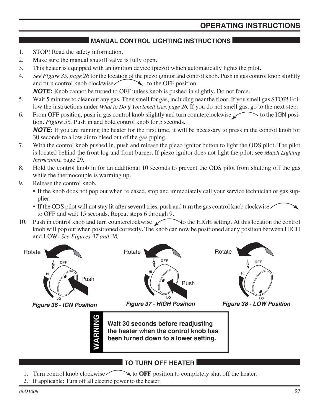 Monessen Hearth EYF18, EYF24 operating instructions Manual Control Lighting Instructions, To Turn OFF Heater 