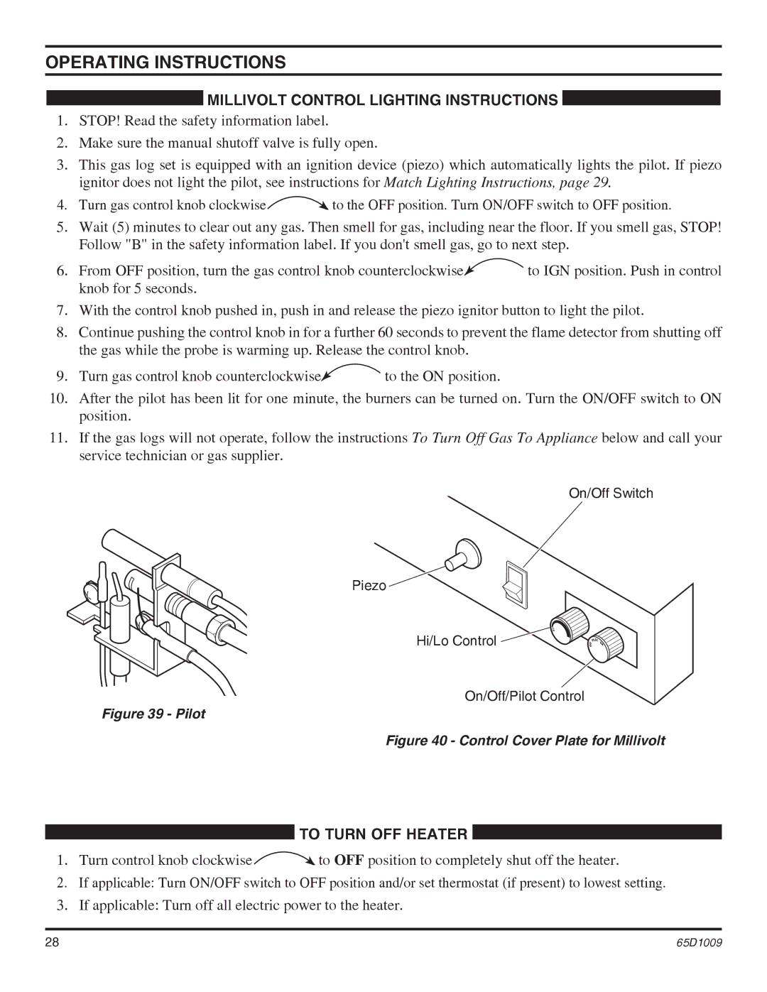 Monessen Hearth EYF24 Millivolt Control Lighting Instructions, On/Off Switch Piezo Hi/Lo Control On/Off/Pilot Control 