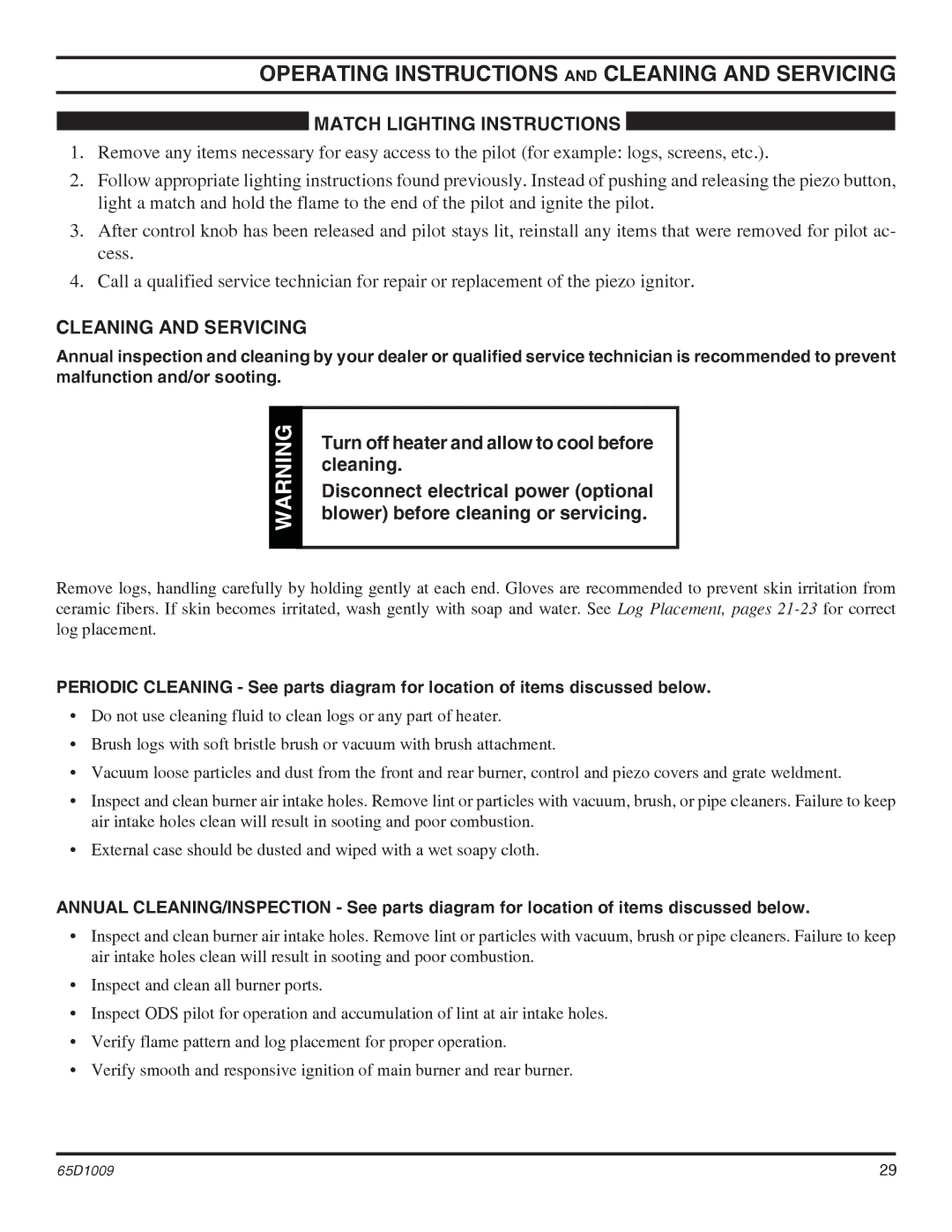 Monessen Hearth EYF18, EYF24 Operating Instructions and Cleaning and Servicing, Match Lighting Instructions 