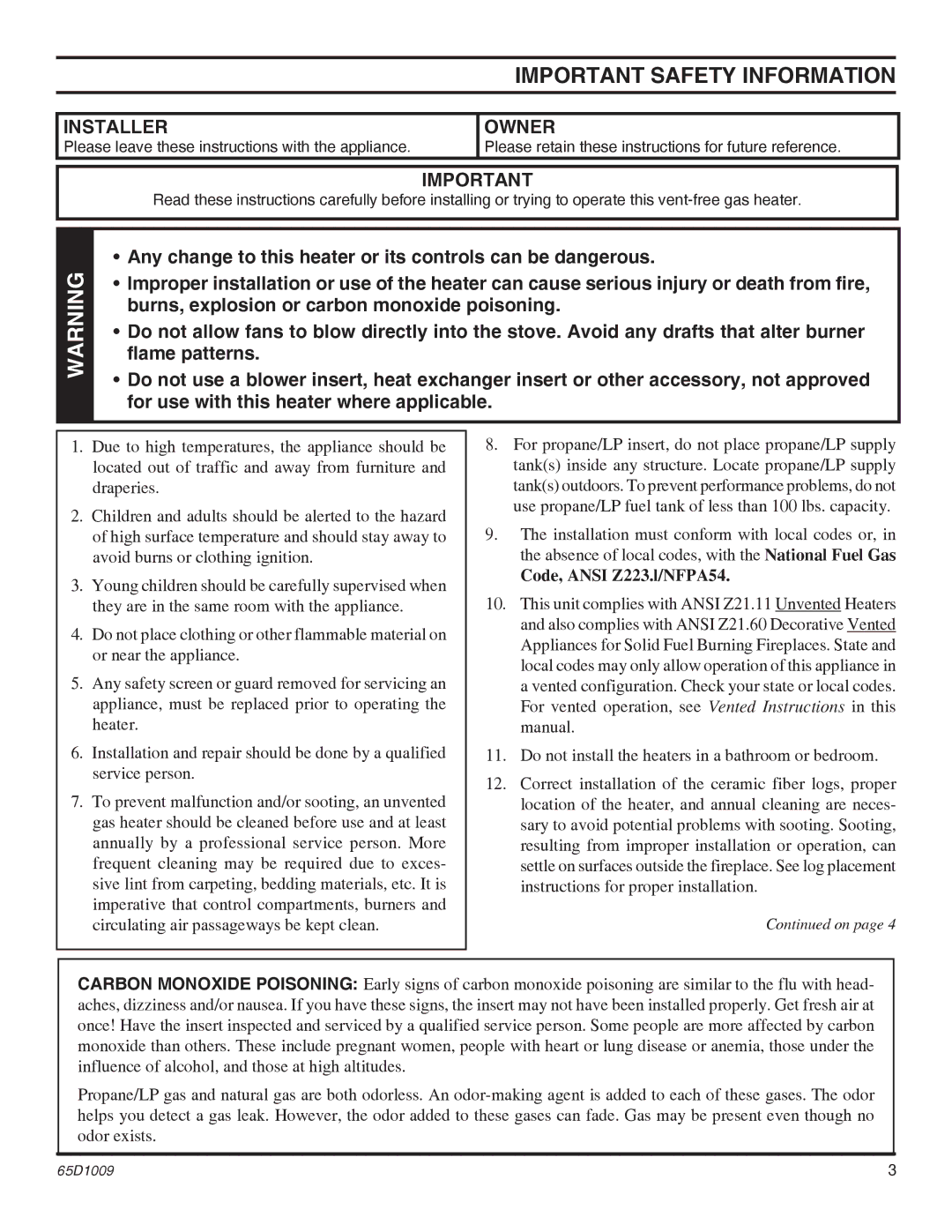 Monessen Hearth EYF18, EYF24 operating instructions Important Safety Information, Installer, Owner 