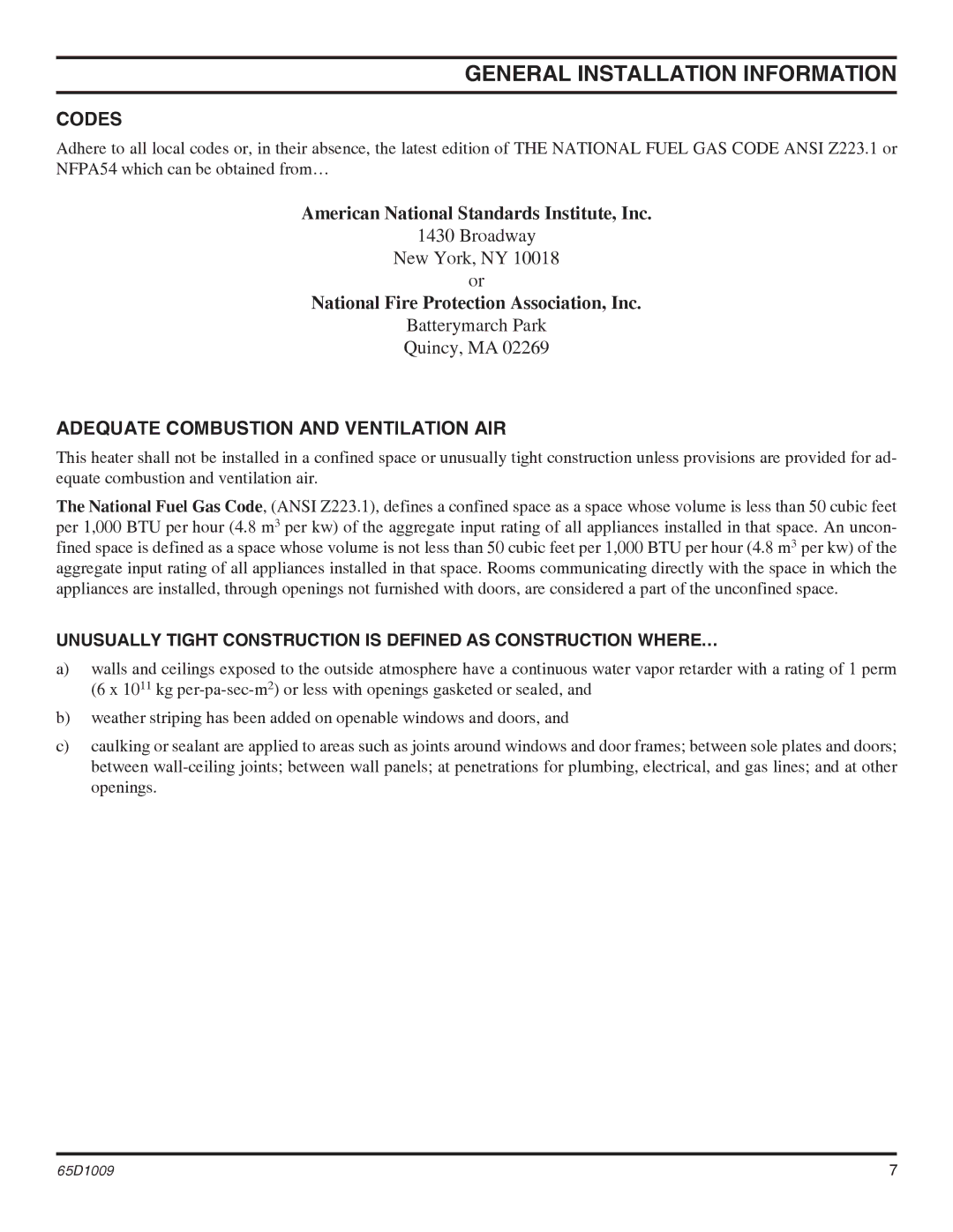 Monessen Hearth EYF18, EYF24 General Installation Information, Codes, Adequate Combustion and Ventilation AIR 