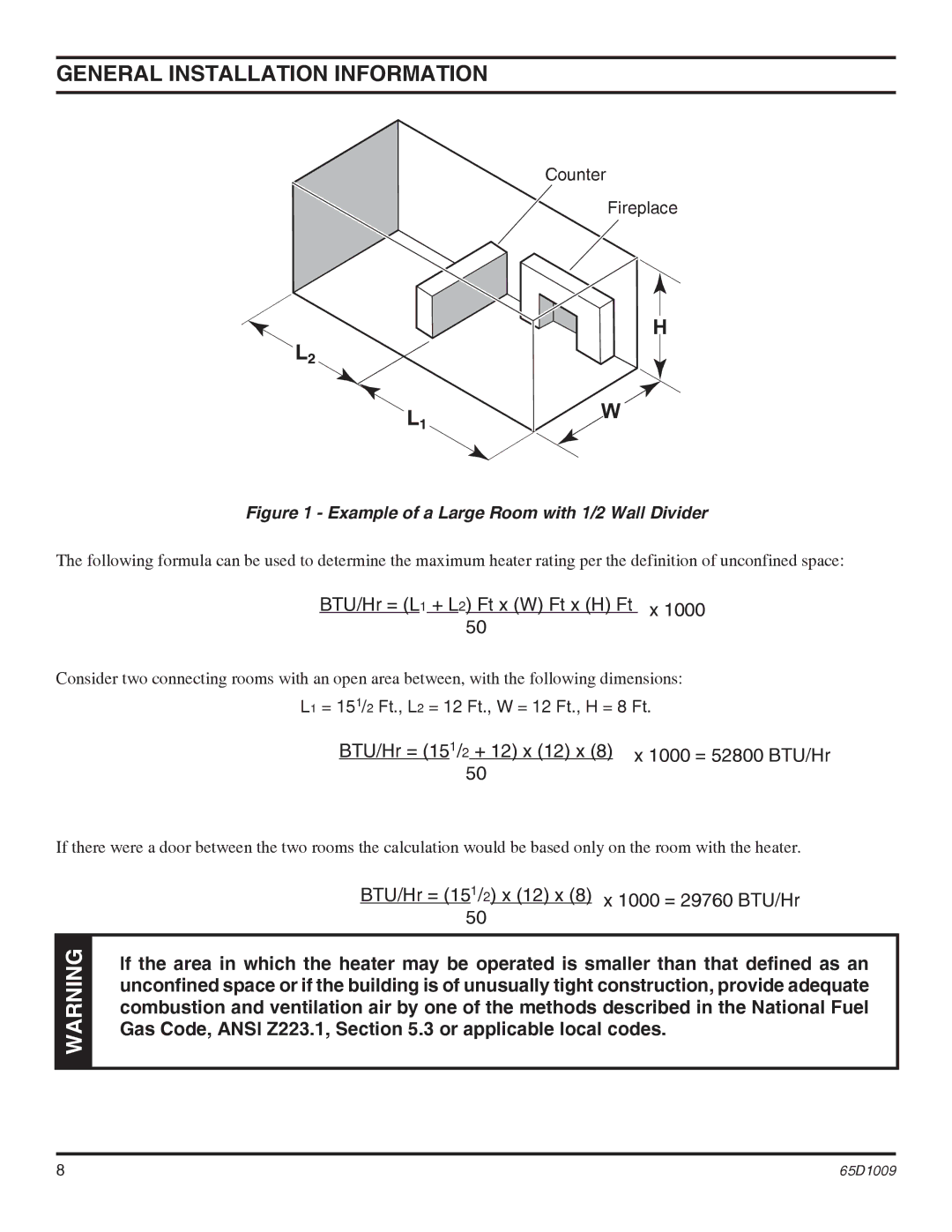 Monessen Hearth EYF24, EYF18 operating instructions Counter Fireplace, L1 = 151/2 Ft., L2 = 12 Ft., W = 12 Ft., H = 8 Ft 