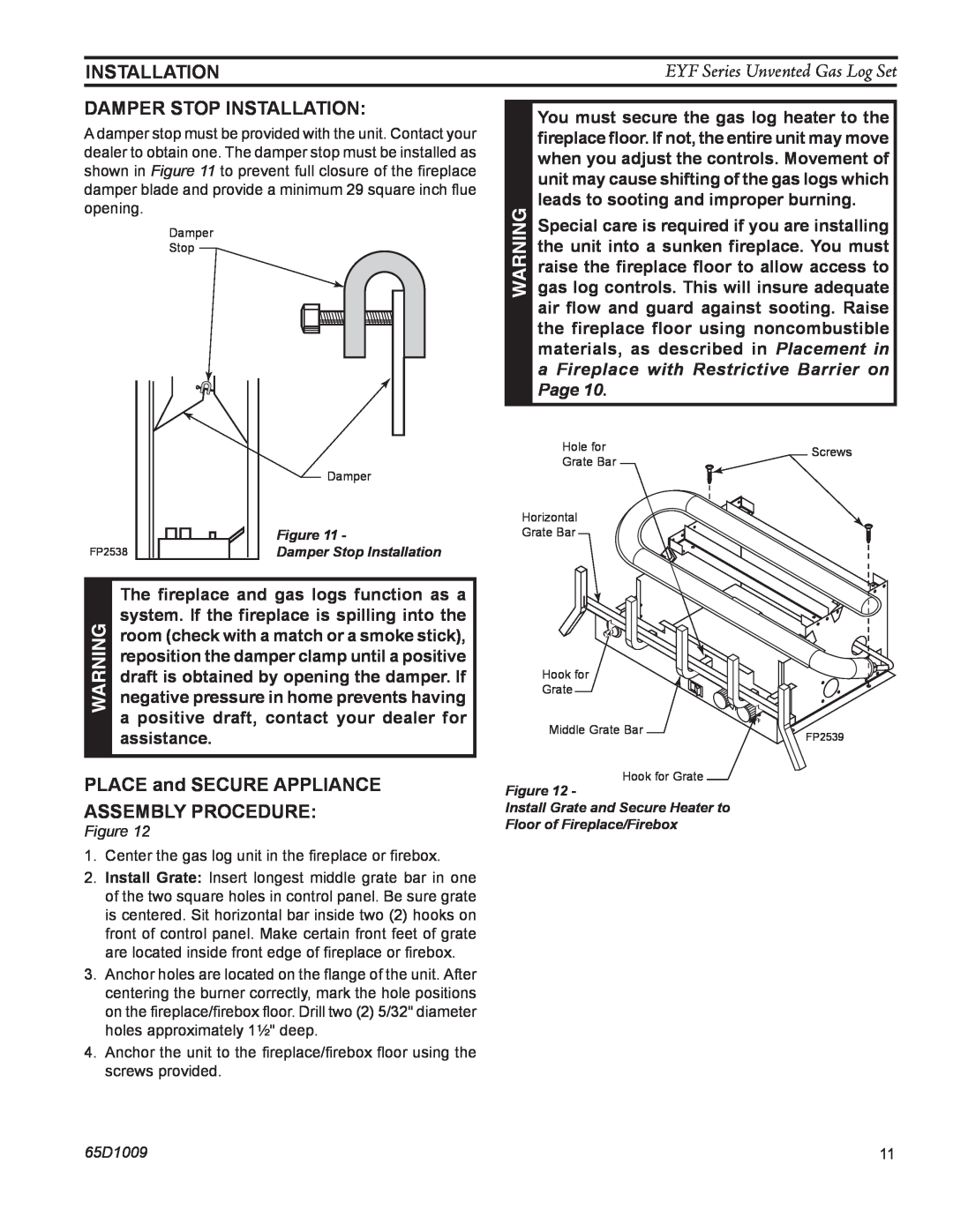 Monessen Hearth EYF18, EYF24 INSTALLATION Damper stop installation, PLACE and SECURE APPLIANCE, Assembly procedure, Page 