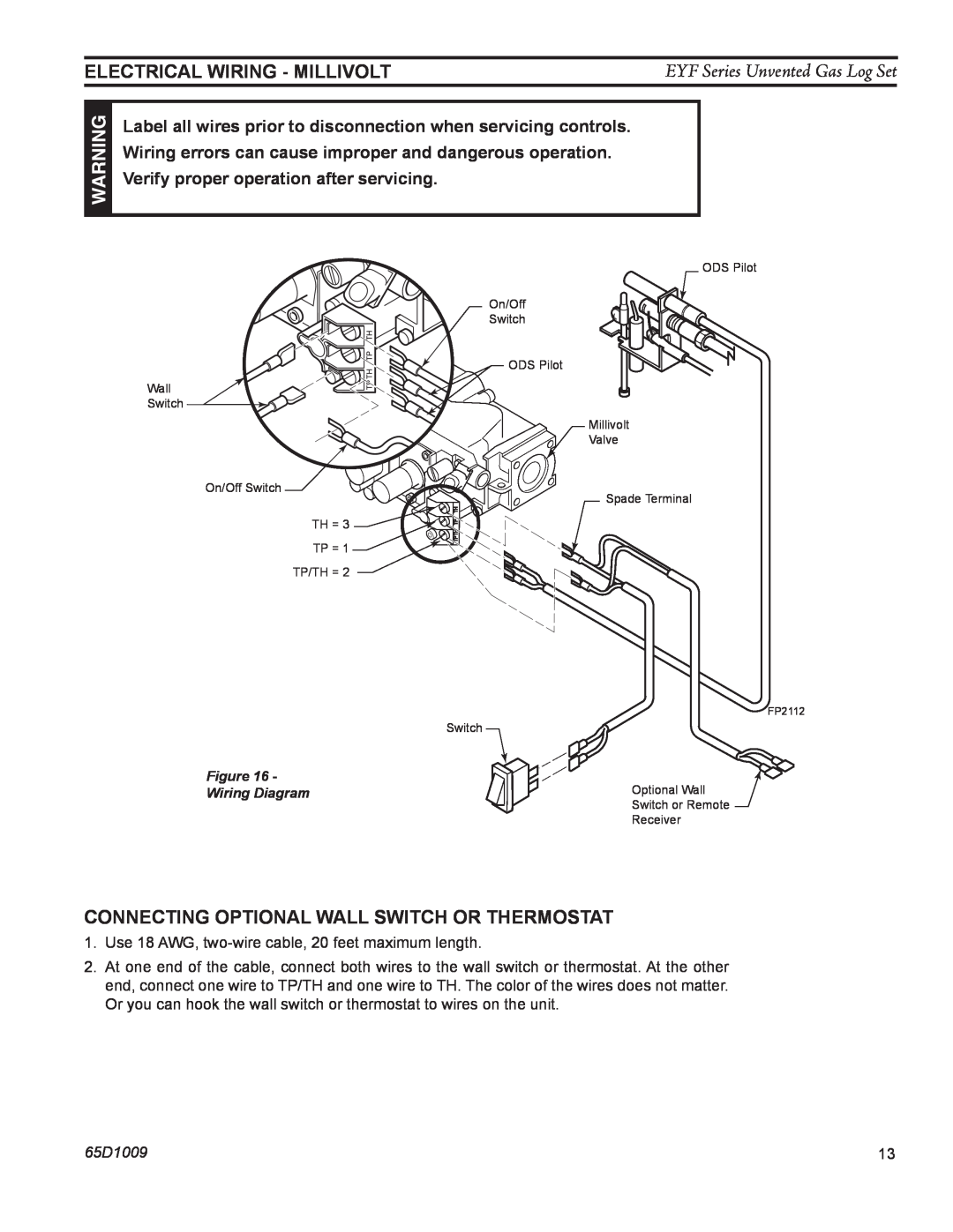 Monessen Hearth EYF18, EYF24 manual Electrical Wiring - Millivolt, Connecting Optional Wall Switch or Thermostat 