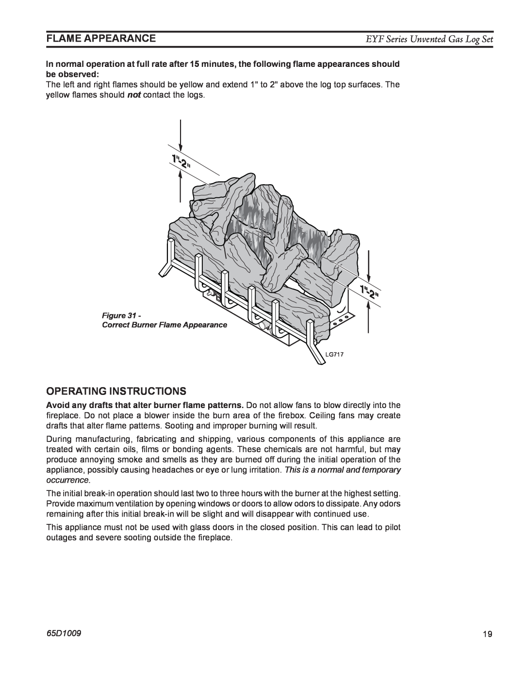 Monessen Hearth EYF18, EYF24 manual Operating Instructions, Flame Appearance, EYF Series Unvented Gas Log Set, 65D1009 