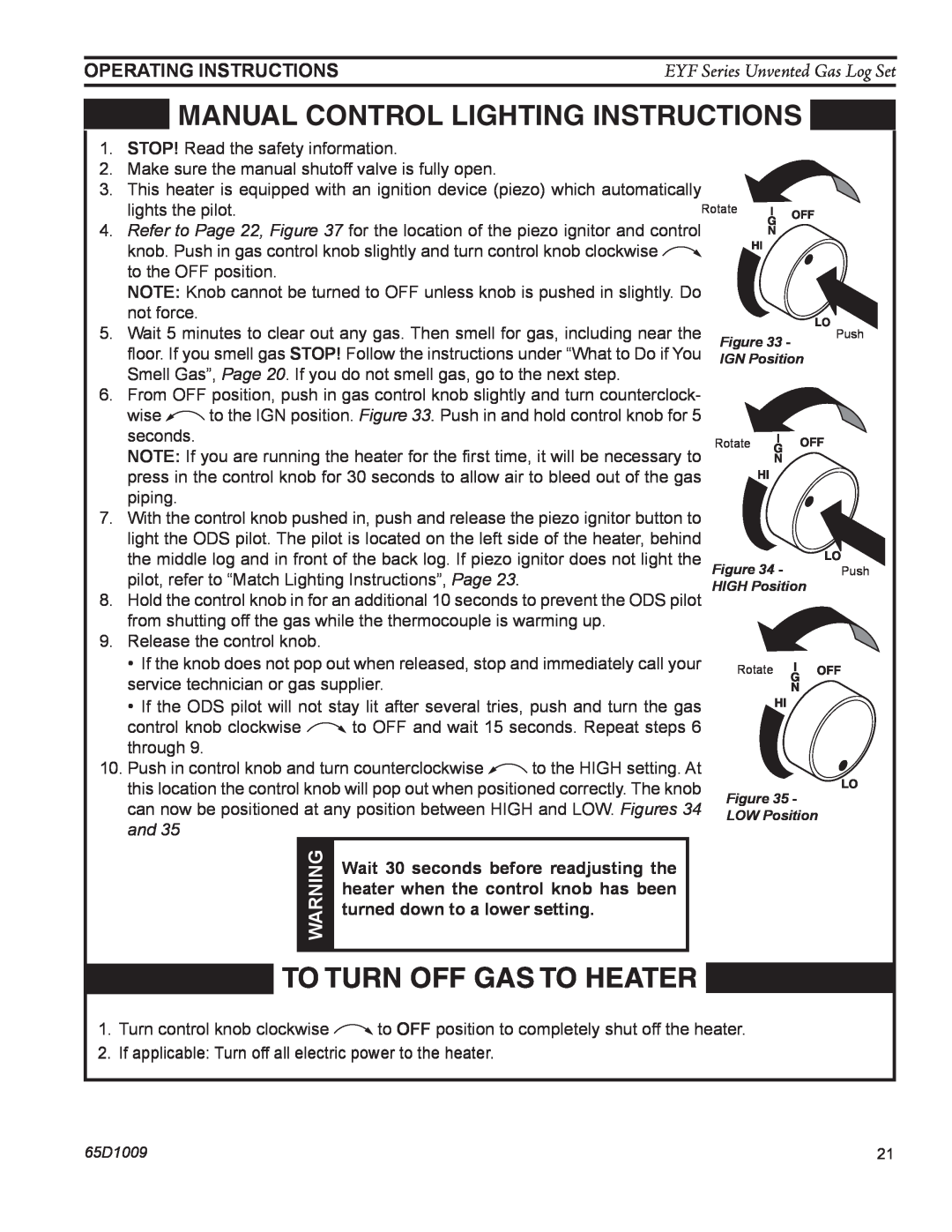Monessen Hearth EYF18, EYF24 manual MANUAL control lighting instructions, To Turn Off Gas To Heater, Operating Instructions 