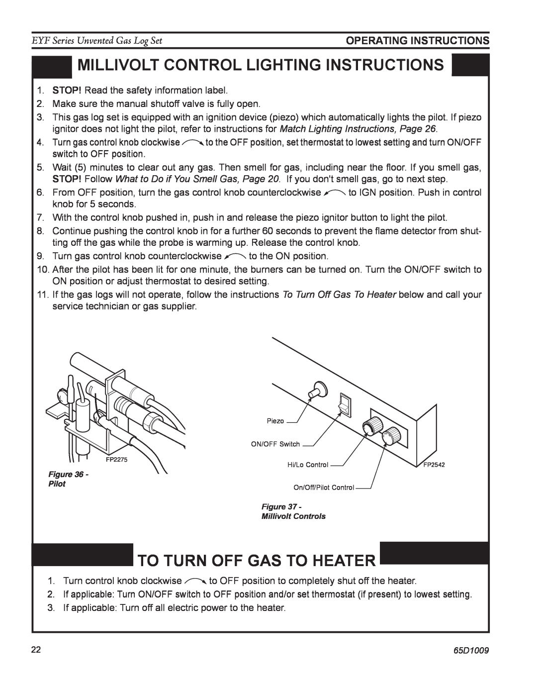 Monessen Hearth EYF24 Millivolt control lighting instructions, To Turn Off Gas To Heater, EYF Series Unvented Gas Log Set 