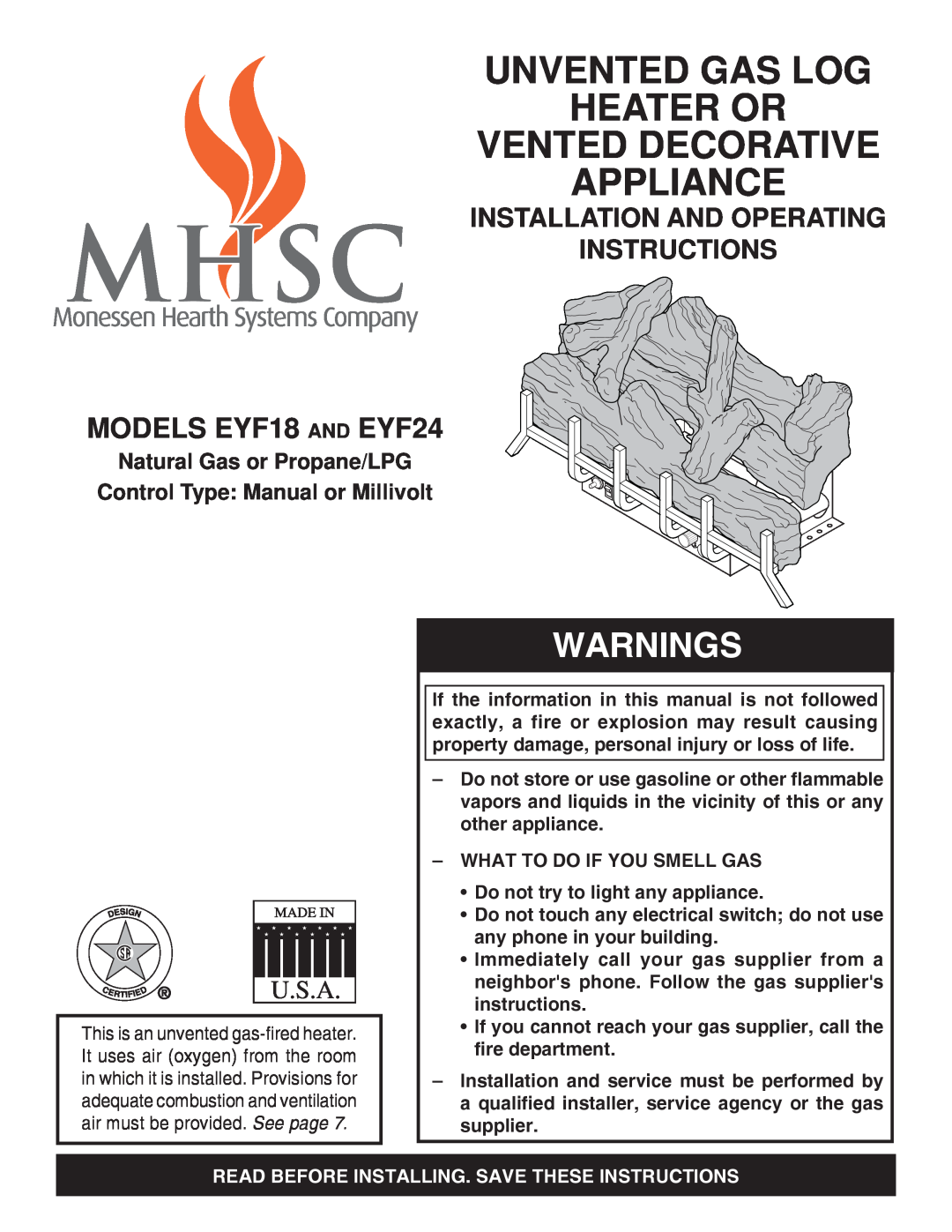 Monessen Hearth manual Models EYF18, EYF24, Natural Gas or Propane/LPG, Control Type Manual or Millivolt, Warnings 