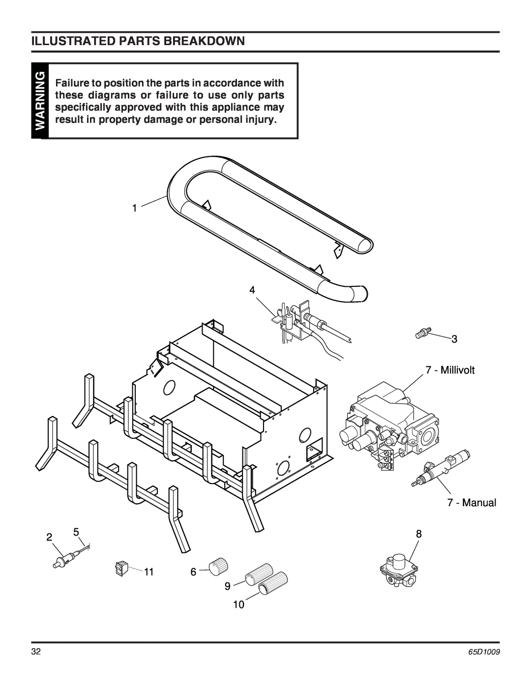 Monessen Hearth EYF24 Illustrated Parts Breakdown, Failure to position the parts in accordance with, 1 4 2 11, 65D1009 