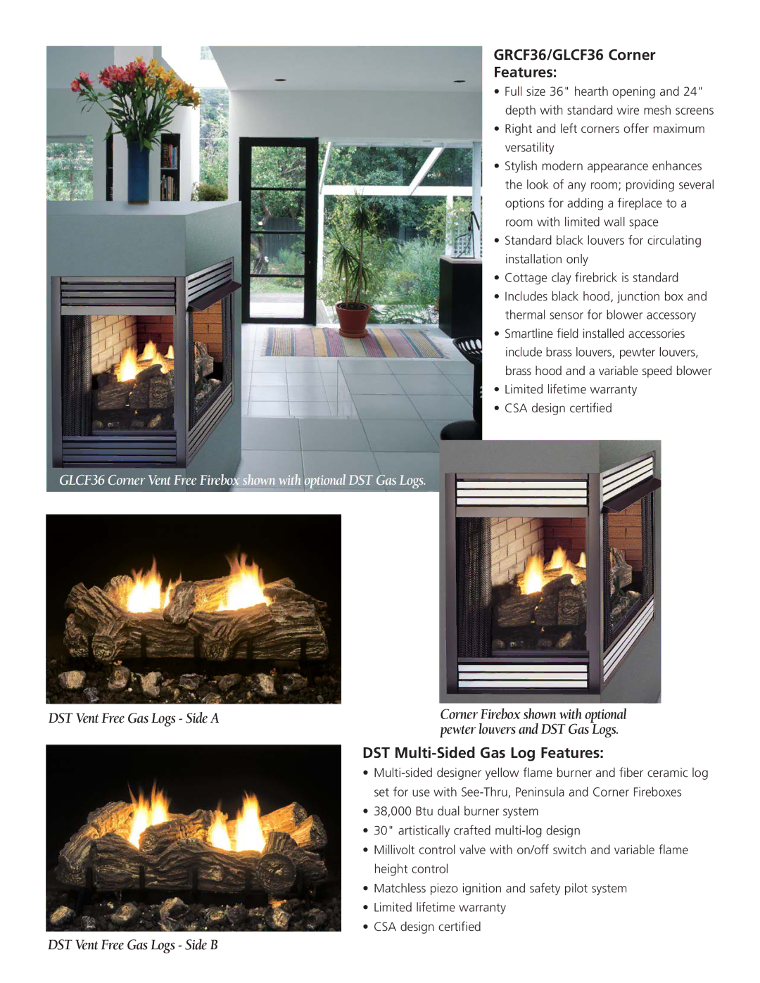 Monessen Hearth GPF36, GSTF36 warranty GRCF36/GLCF36 Corner Features, DST Multi-Sided Gas Log Features 