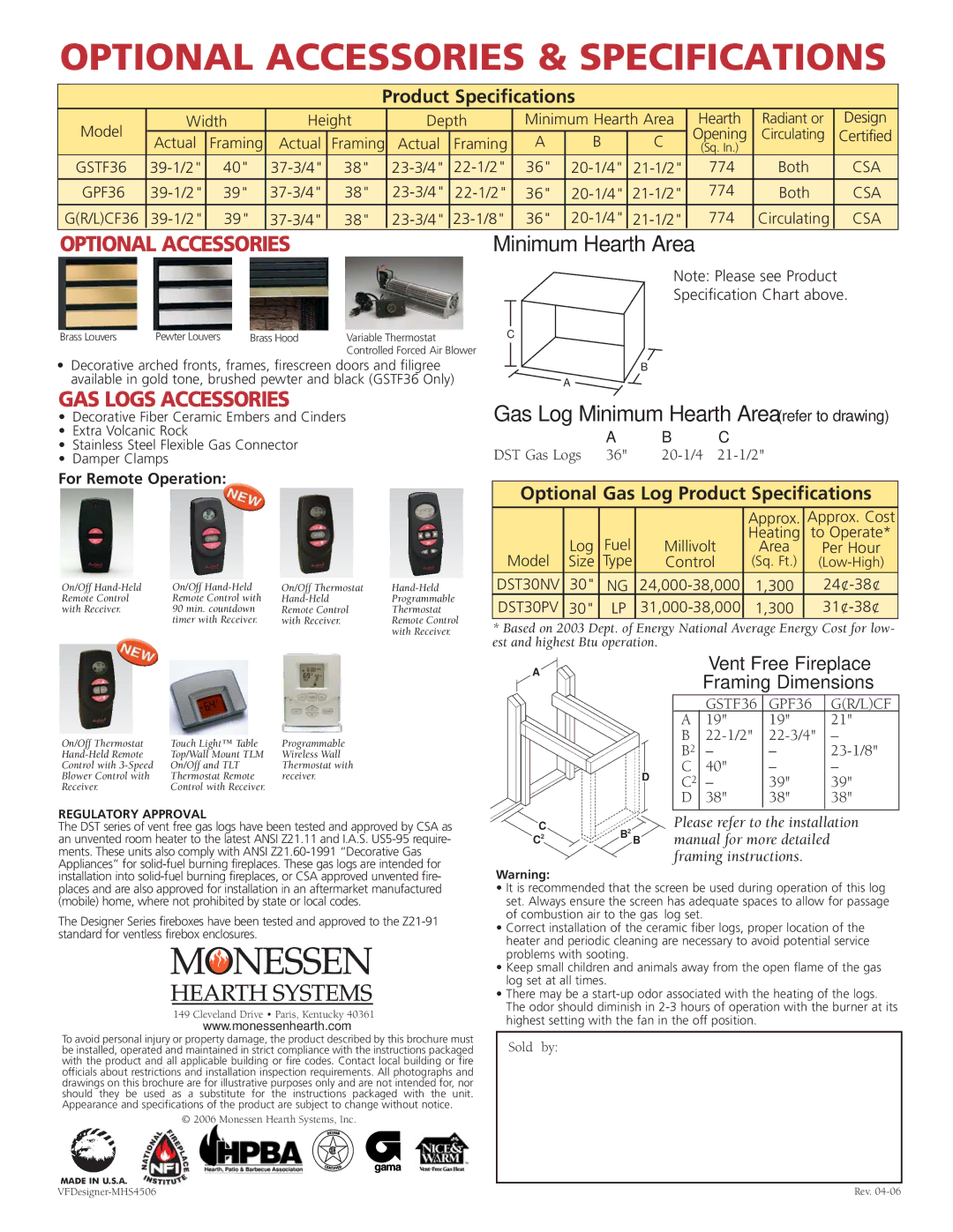 Monessen Hearth GLCF36, GSTF36, GRCF36, GPF36 warranty Optional Accessories & Specifications, Product Specifications 