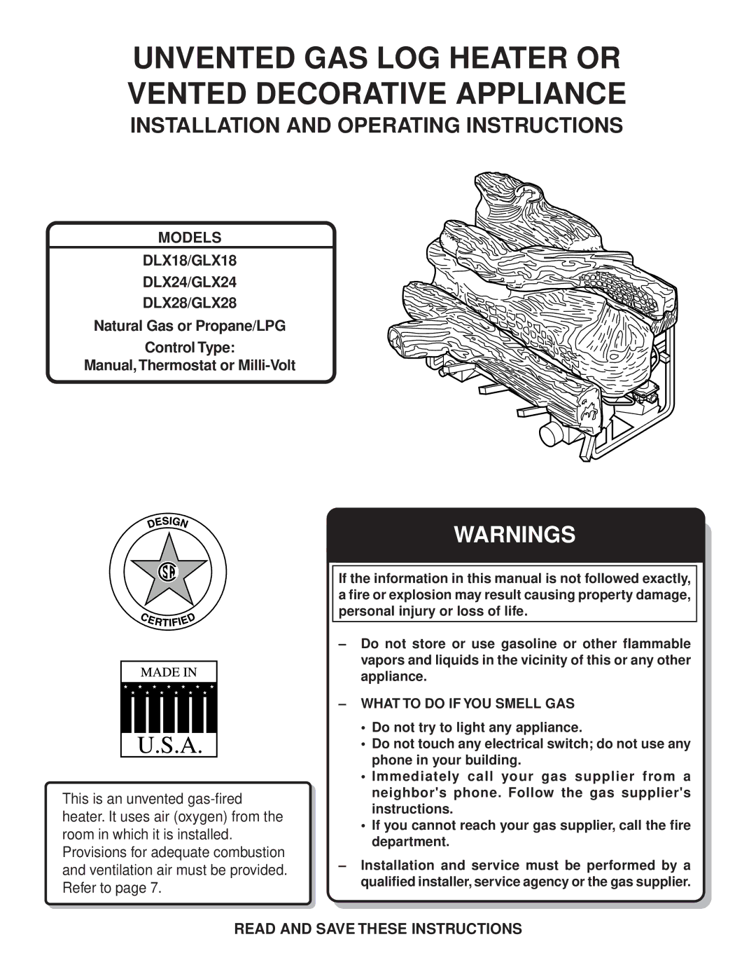 Monessen Hearth operating instructions Models DLX18/GLX18 DLX24/GLX24 DLX28/GLX28, Read and Save These Instructions 