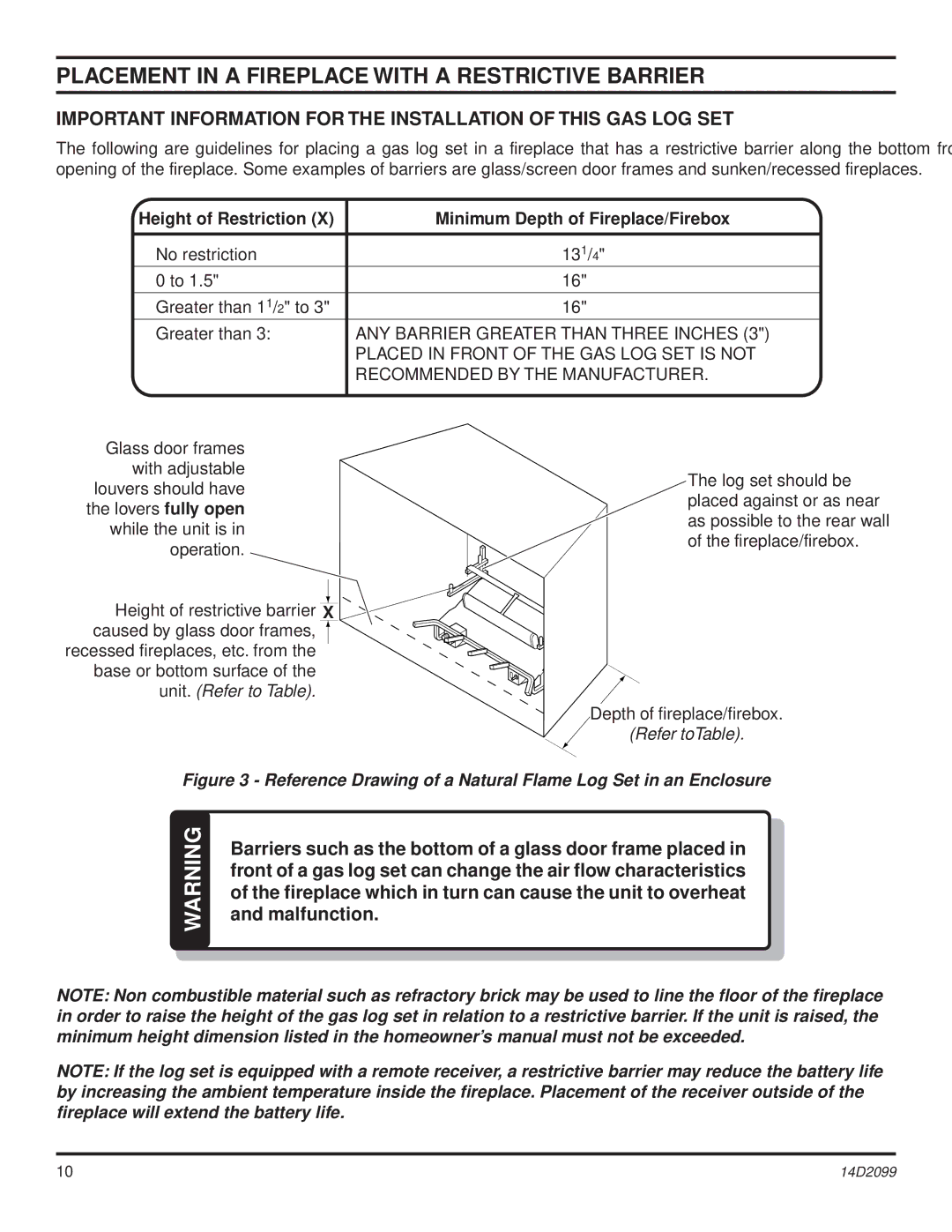 Monessen Hearth GLX28, GLX24, GLX18, DLX18, DLX28 operating instructions Placement in a Fireplace with a Restrictive Barrier 