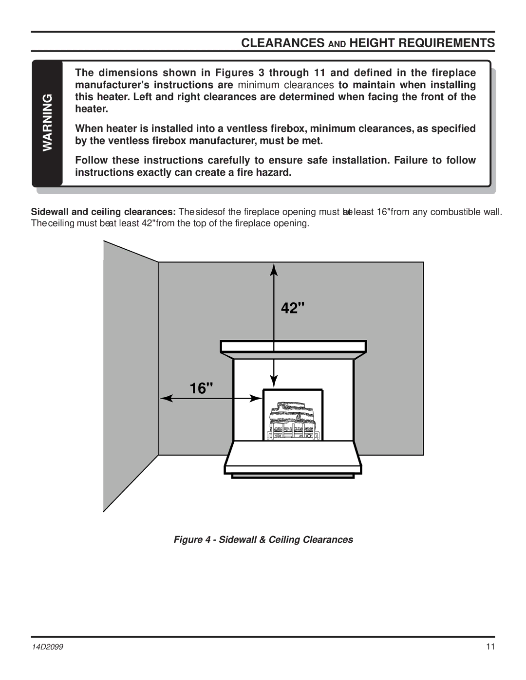 Monessen Hearth GLX24, GLX28, GLX18, DLX18, DLX28 Clearances and Height Requirements, Sidewall & Ceiling Clearances 