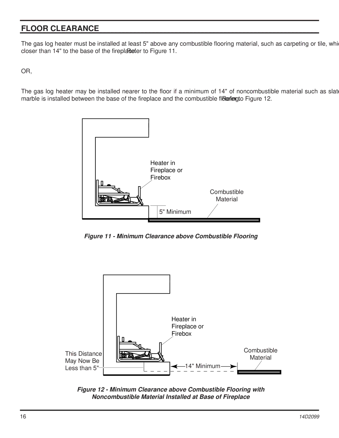 Monessen Hearth GLX24, GLX28, GLX18, DLX18, DLX28 Floor Clearance, Minimum Clearance above Combustible Flooring 