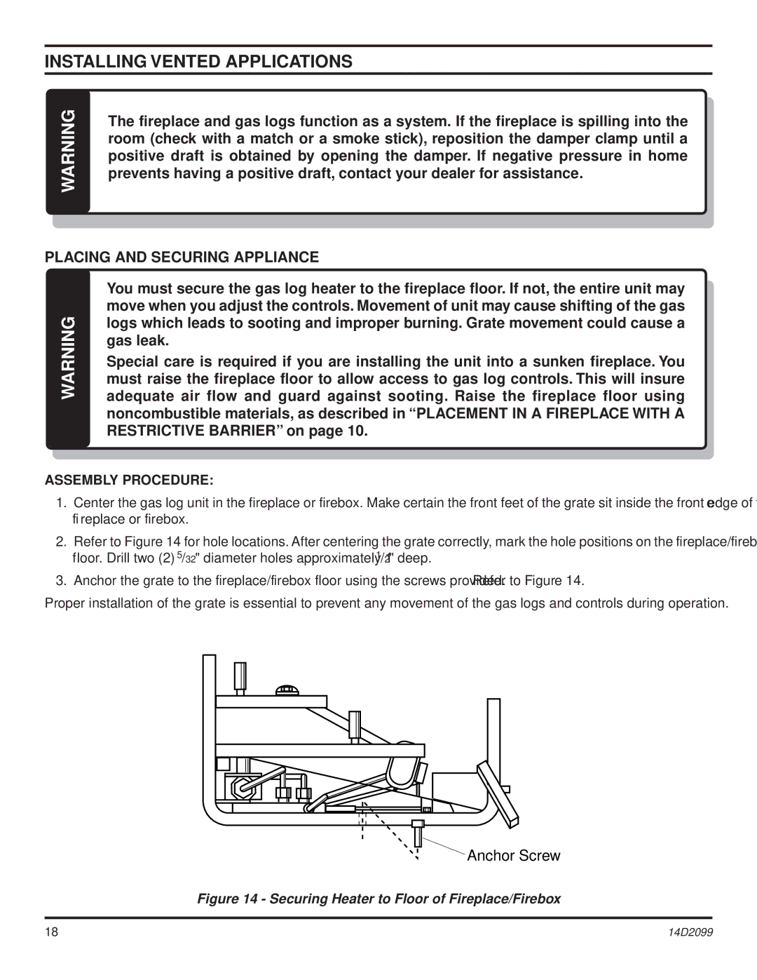 Monessen Hearth DLX18, GLX28, GLX24 Installing Vented Applications, Placing and Securing Appliance, Assembly Procedure 