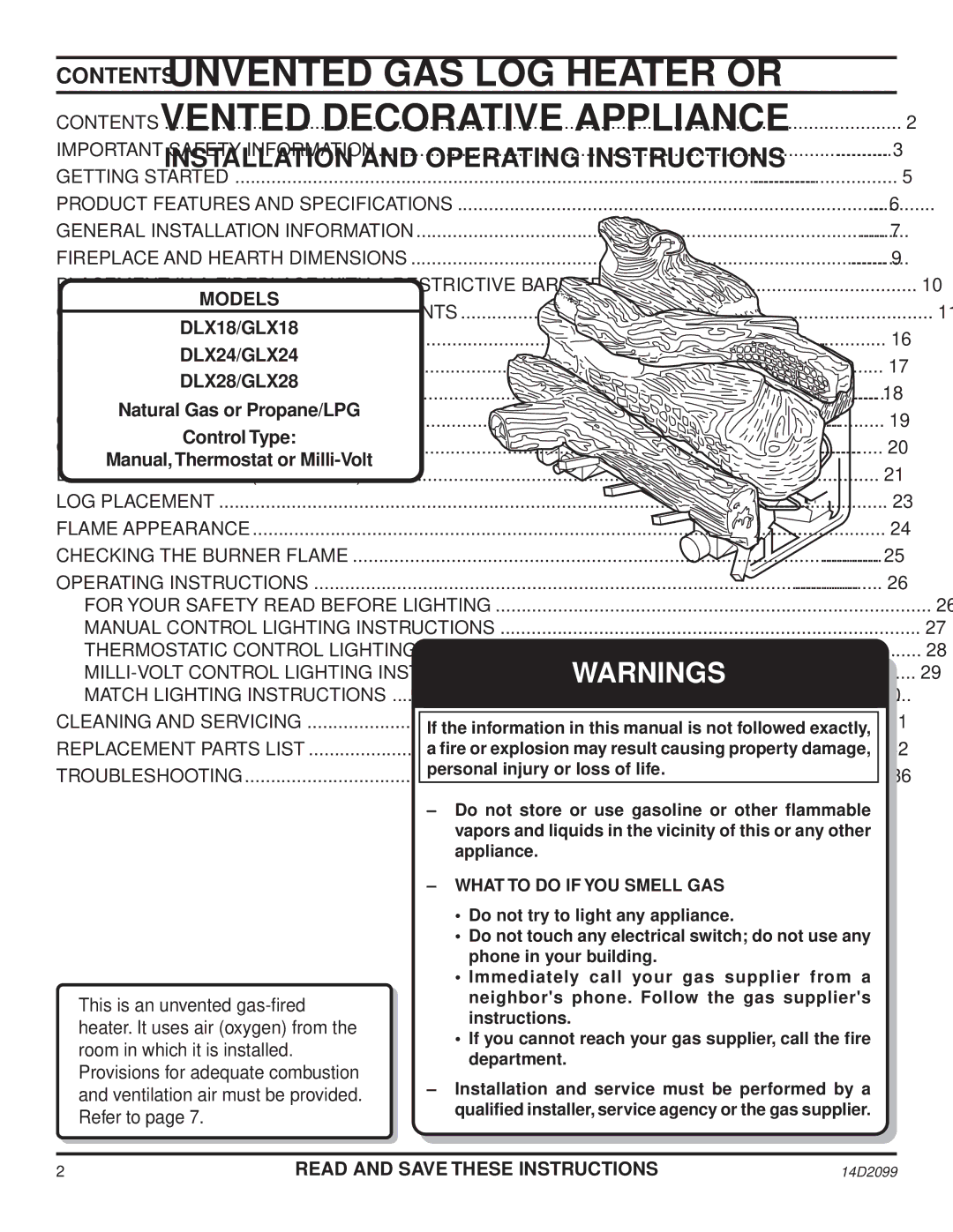 Monessen Hearth GLX18, GLX28, GLX24, DLX18, DLX28 operating instructions Contents 